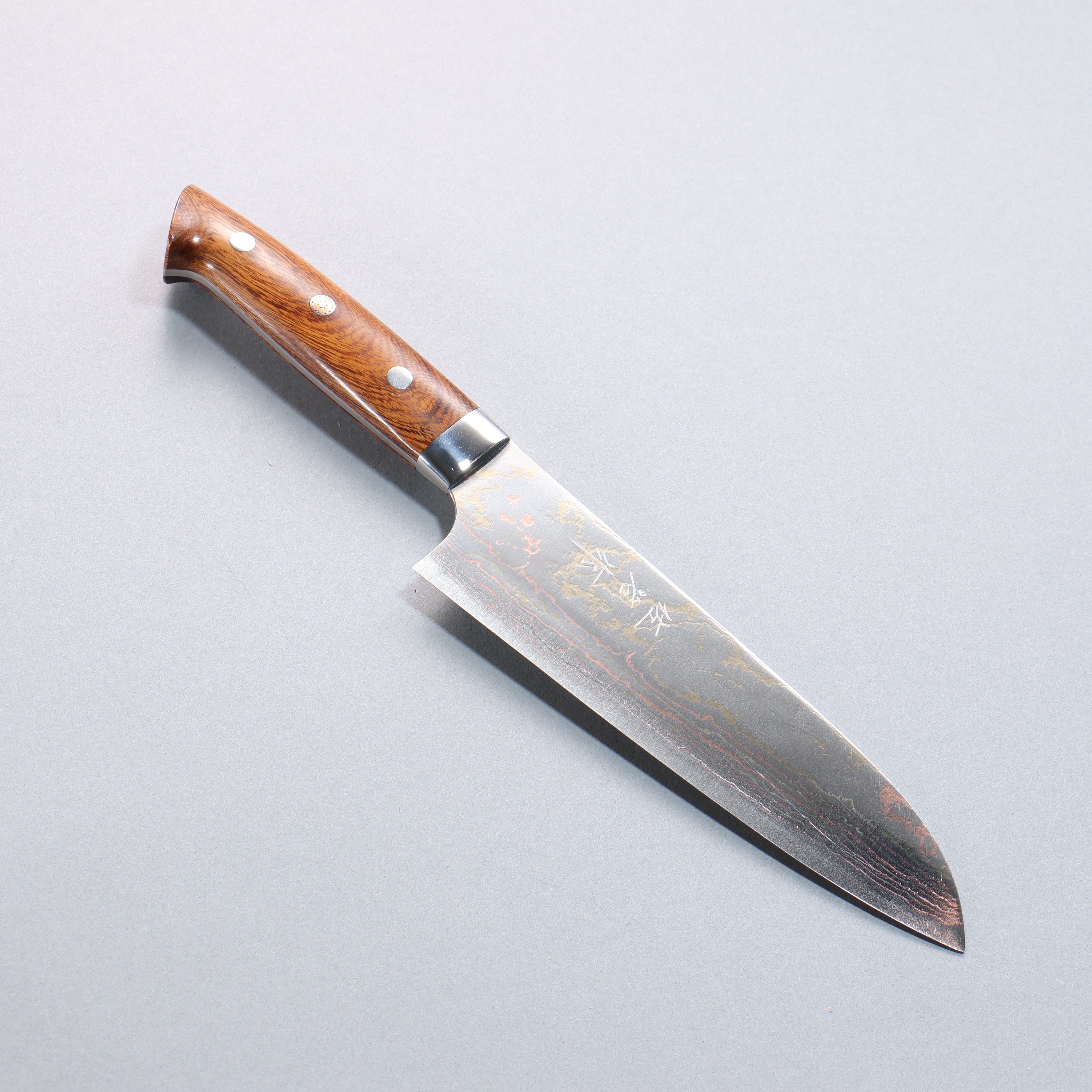 Takeshi Saji Blue Steel No.2 Migaki Finished Colored Damascus Santoku 180mm Ironwood Handle - Seisuke Knife