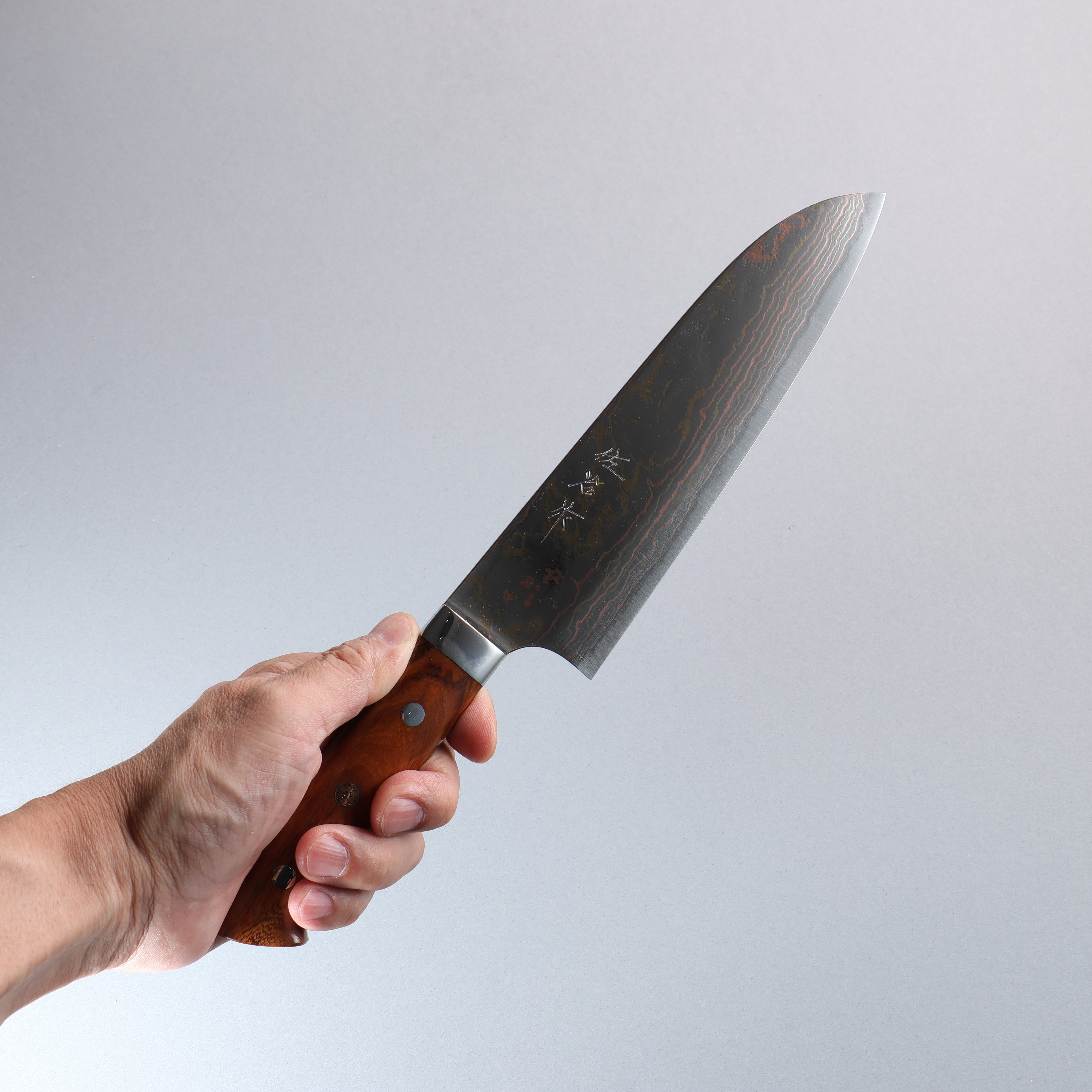 Takeshi Saji Blue Steel No.2 Migaki Finished Colored Damascus Santoku 180mm Ironwood Handle - Seisuke Knife