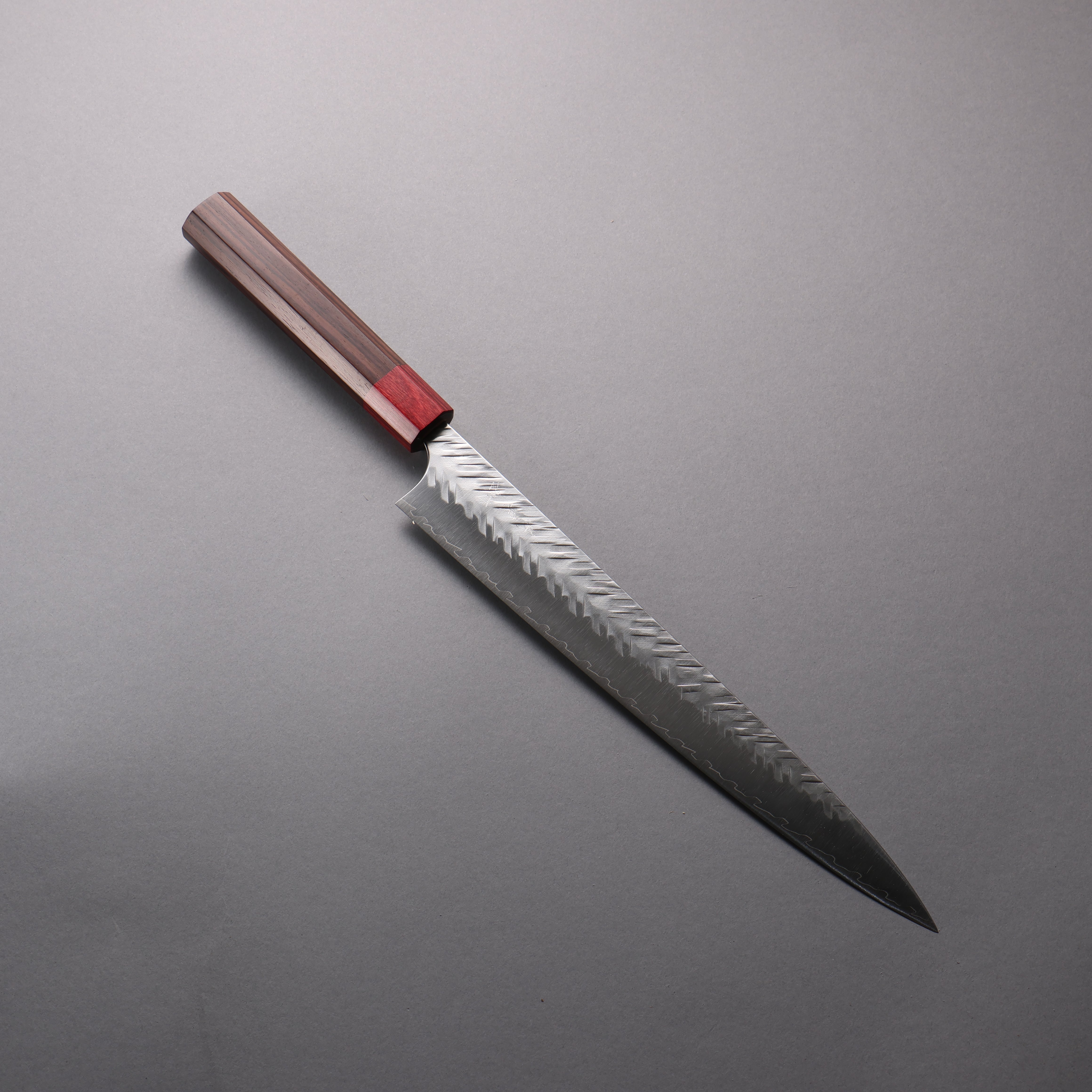 Yoshimi Kato SPG STRIX Hammered (V) Sujihiki 270mm Rosewood (ferrule: Red Pakka wood) Handle - Seisuke Knife