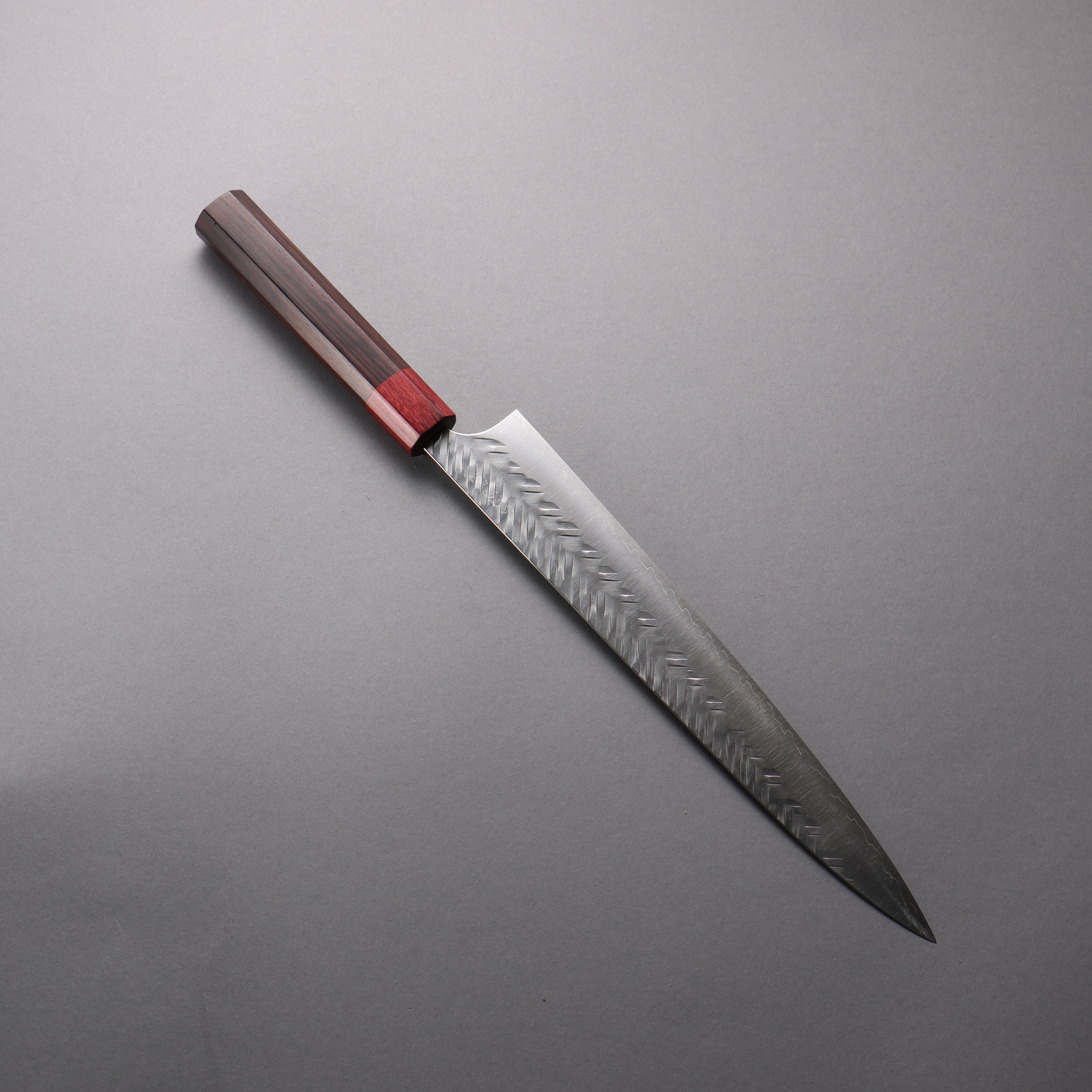 Yoshimi Kato SPG STRIX Hammered (V) Sujihiki 270mm Rosewood (ferrule: Red Pakka wood) Handle - Seisuke Knife