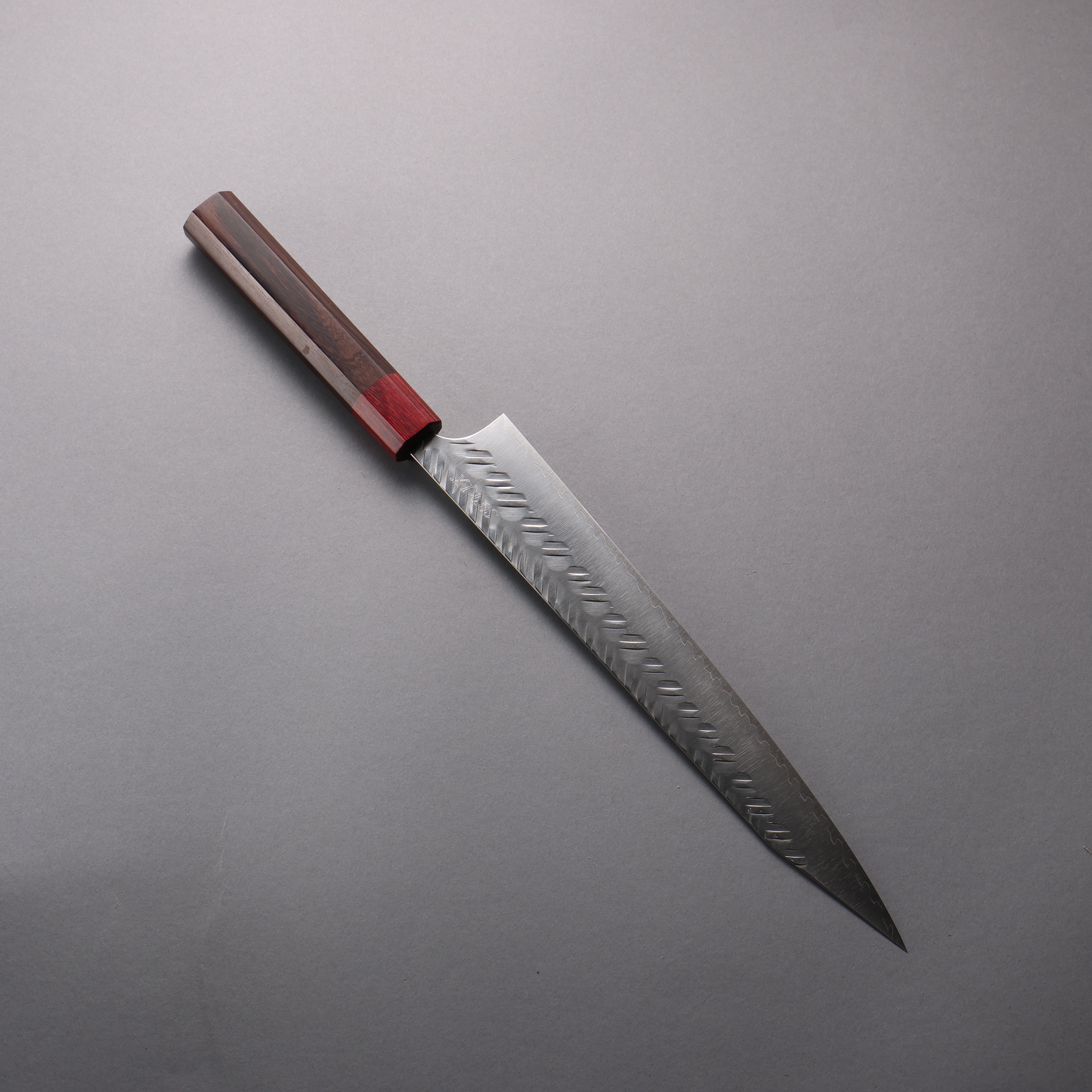 Yoshimi Kato SPG STRIX Hammered (V) Kiritsuke Sujihiki 270mm Rosewood (ferrule: Red Pakka wood) Handle - Seisuke Knife