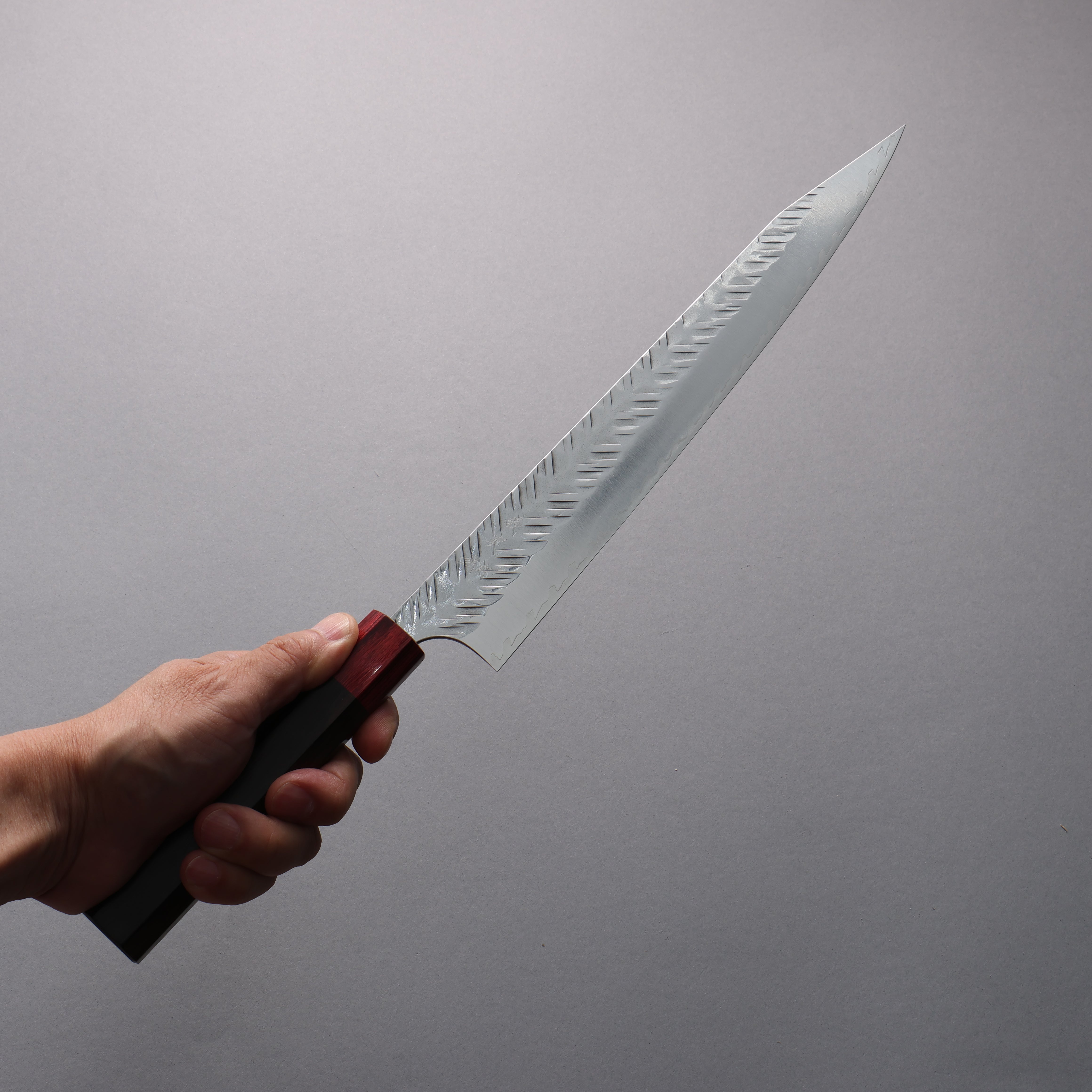 Yoshimi Kato SPG STRIX Hammered (V) Kiritsuke Sujihiki 270mm Rosewood (ferrule: Red Pakka wood) Handle - Seisuke Knife