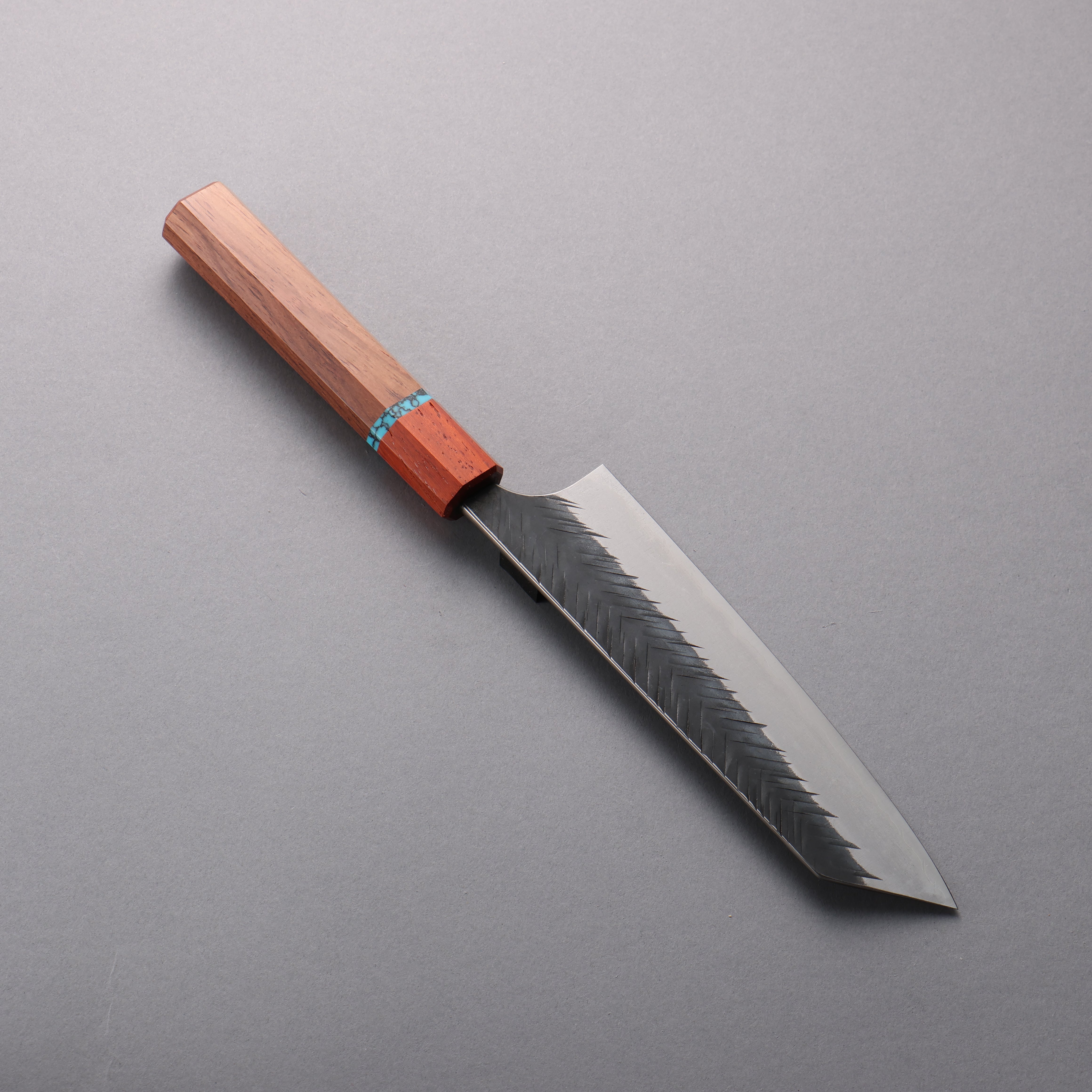 Yoshimi Kato Blue Super Hammered (V) Black Finished Bunka 170mm Rosewood (Turquoise Ring) Handle - Seisuke Knife