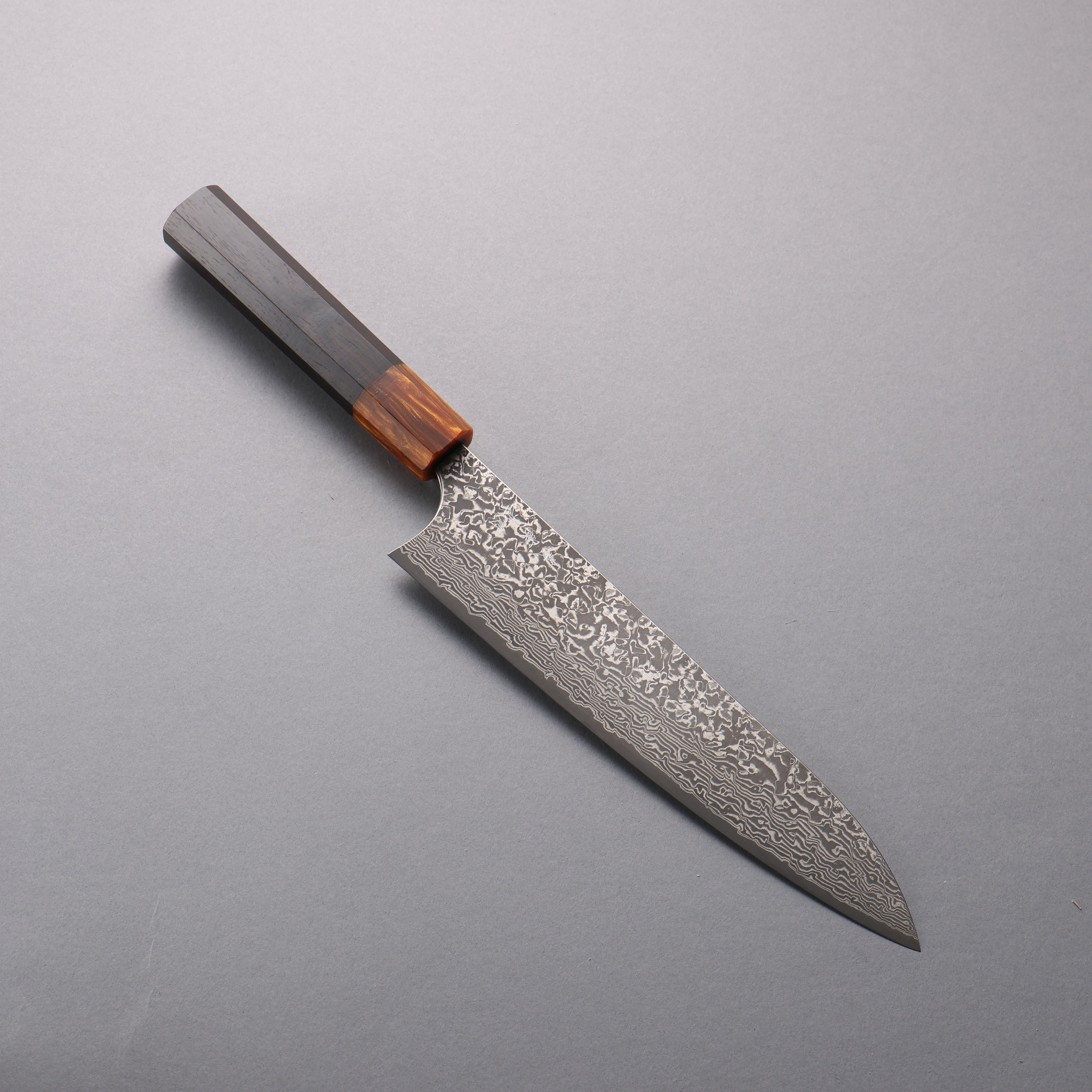 Yoshimi Kato VG10 Black Damascus Gyuto 210mm Ebony (ferrule: Orange Resin) Handle - Seisuke Knife