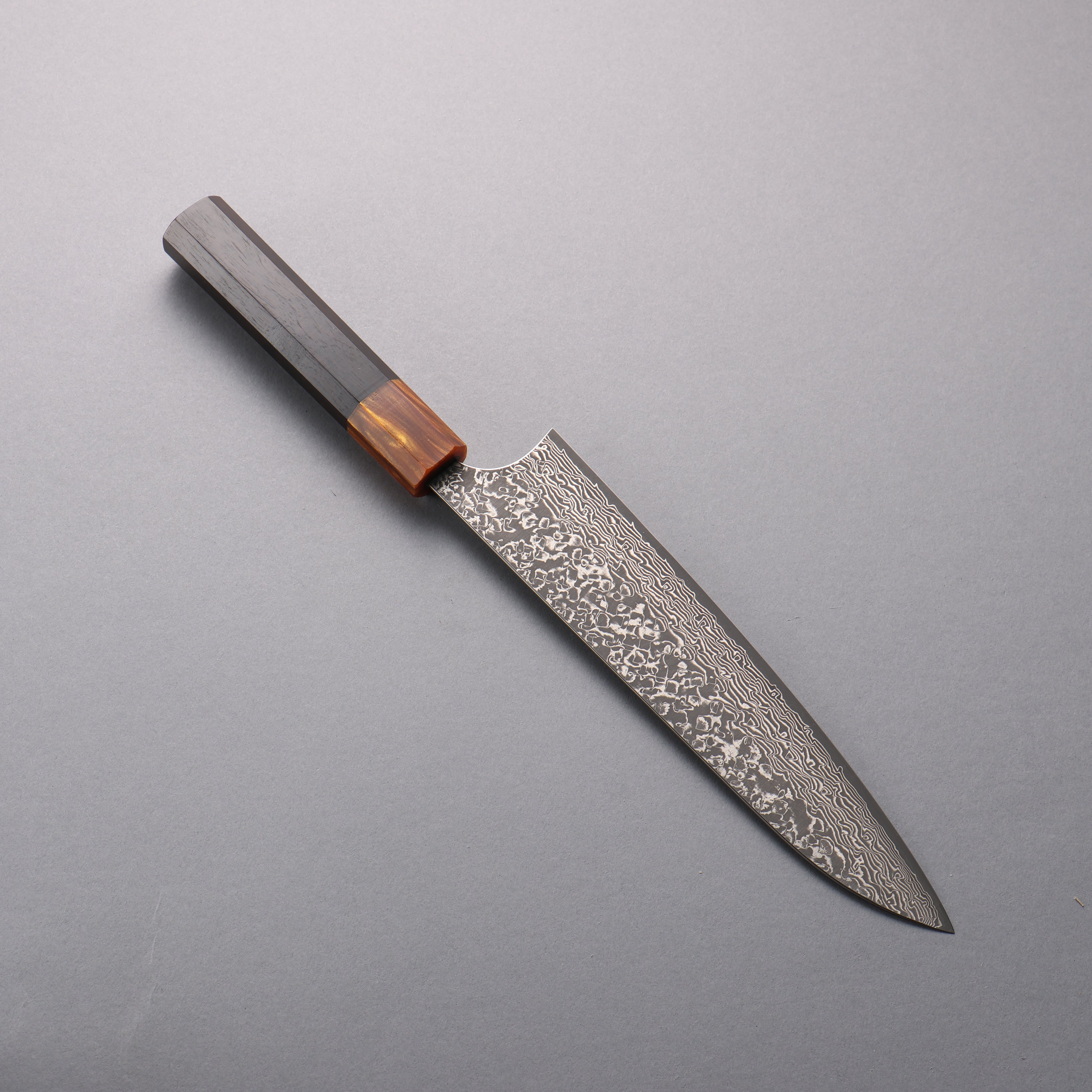 Yoshimi Kato VG10 Black Damascus Gyuto 210mm Ebony (ferrule: Orange Resin) Handle - Seisuke Knife