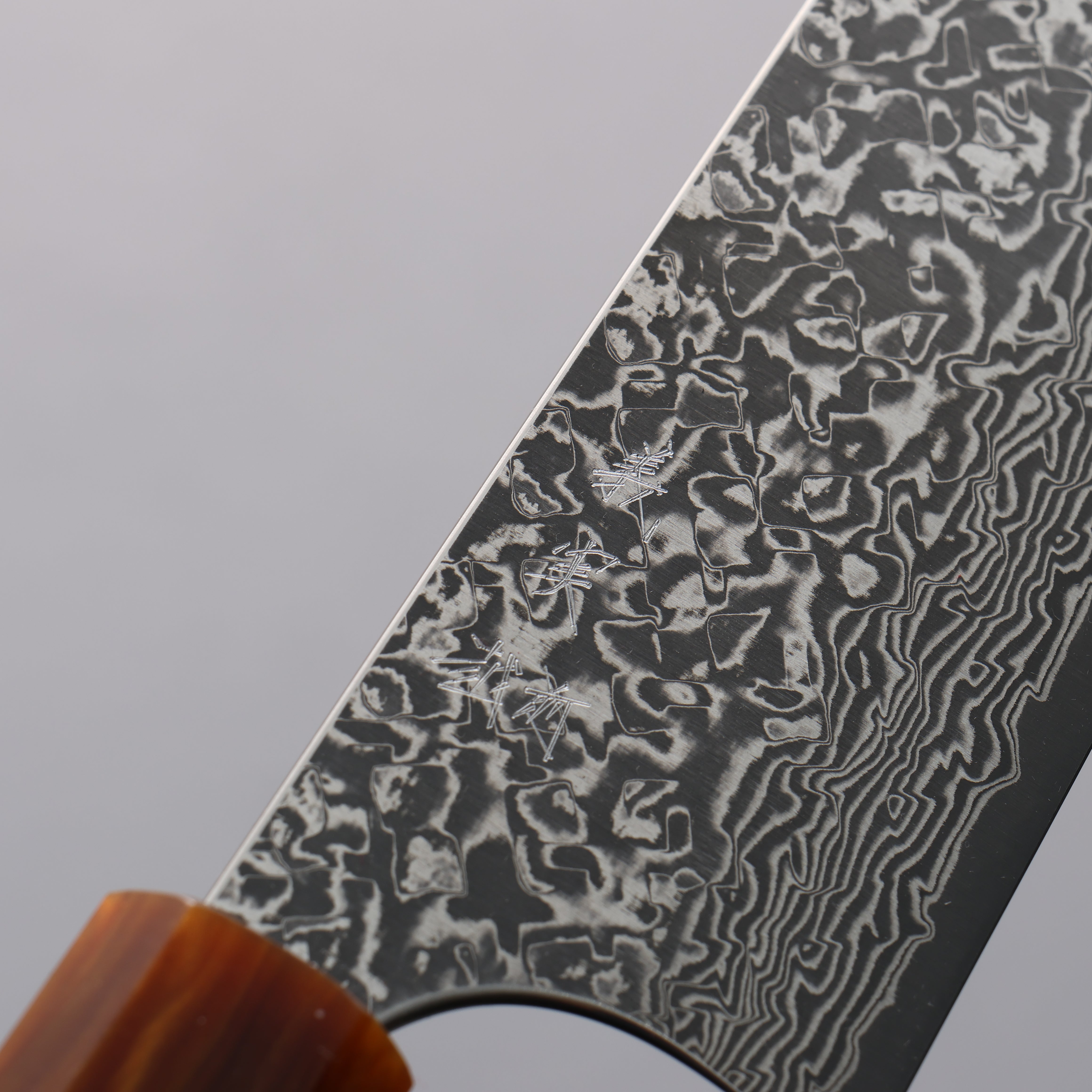 Yoshimi Kato VG10 Black Damascus Gyuto 210mm Ebony (ferrule: Orange Resin) Handle - Seisuke Knife