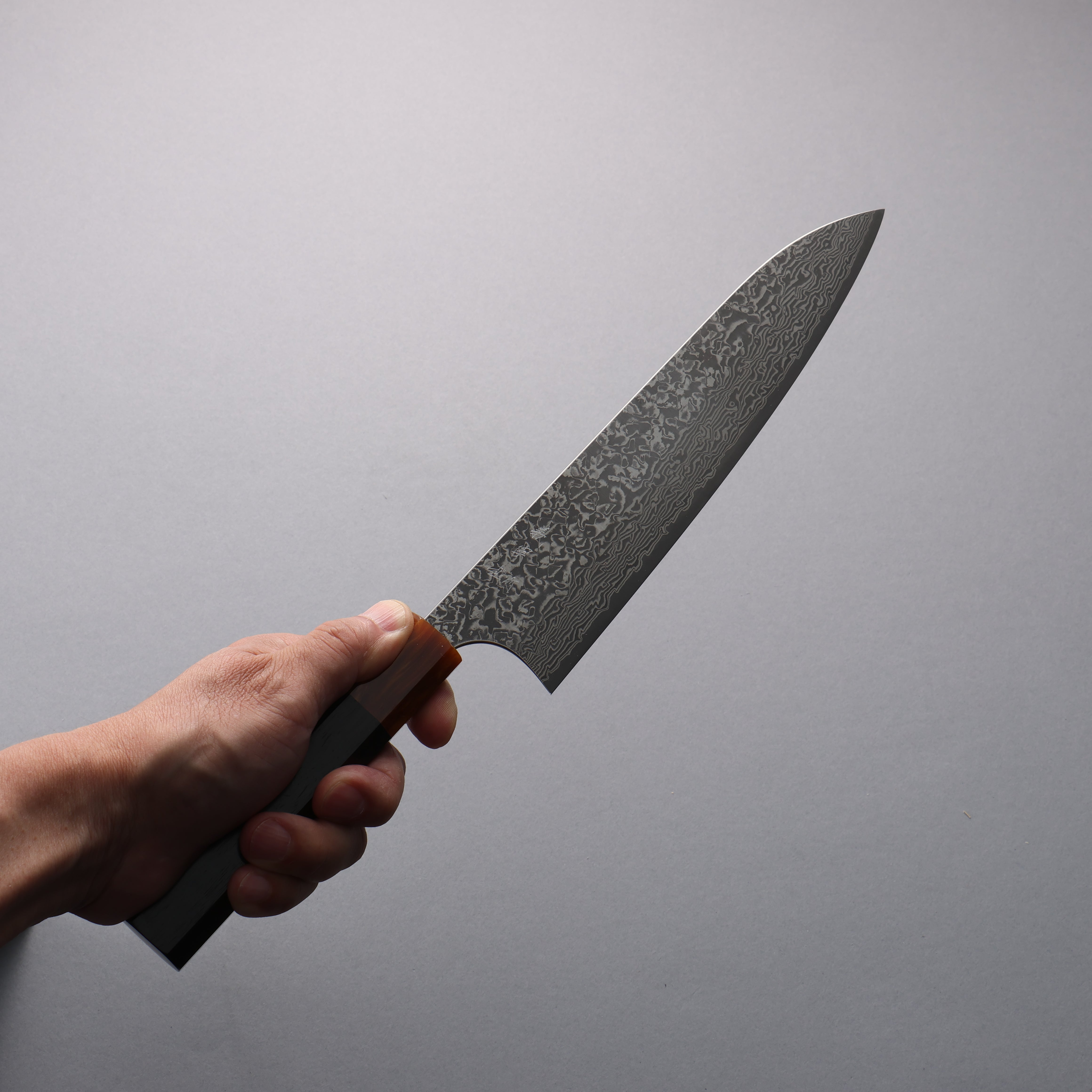 Yoshimi Kato VG10 Black Damascus Gyuto 210mm Ebony (ferrule: Orange Resin) Handle - Seisuke Knife