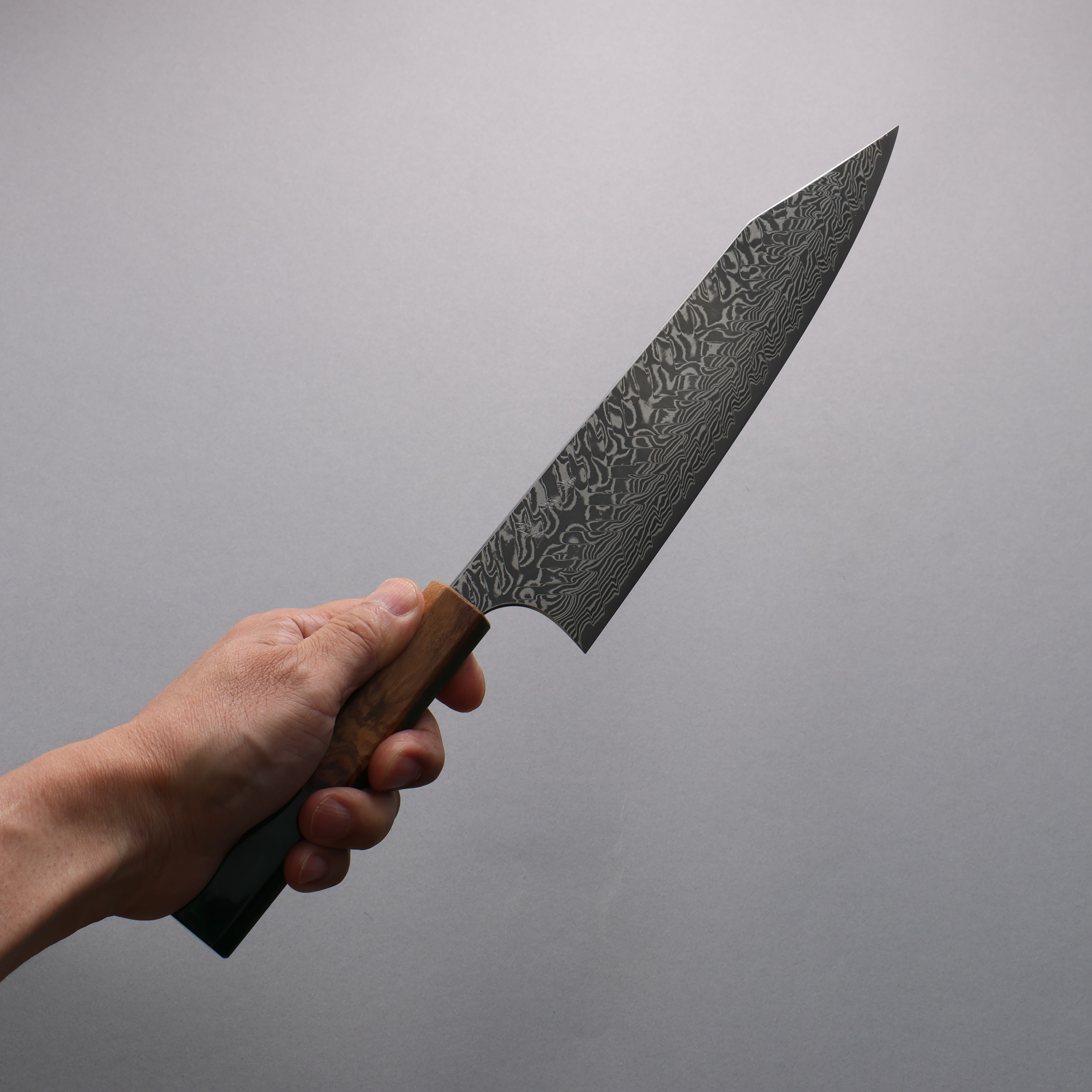 Yoshimi Kato SG2 Black Damascus Kiritsuke Gyuto 210mm Olive Tree and Green Resin Handle - Seisuke Knife