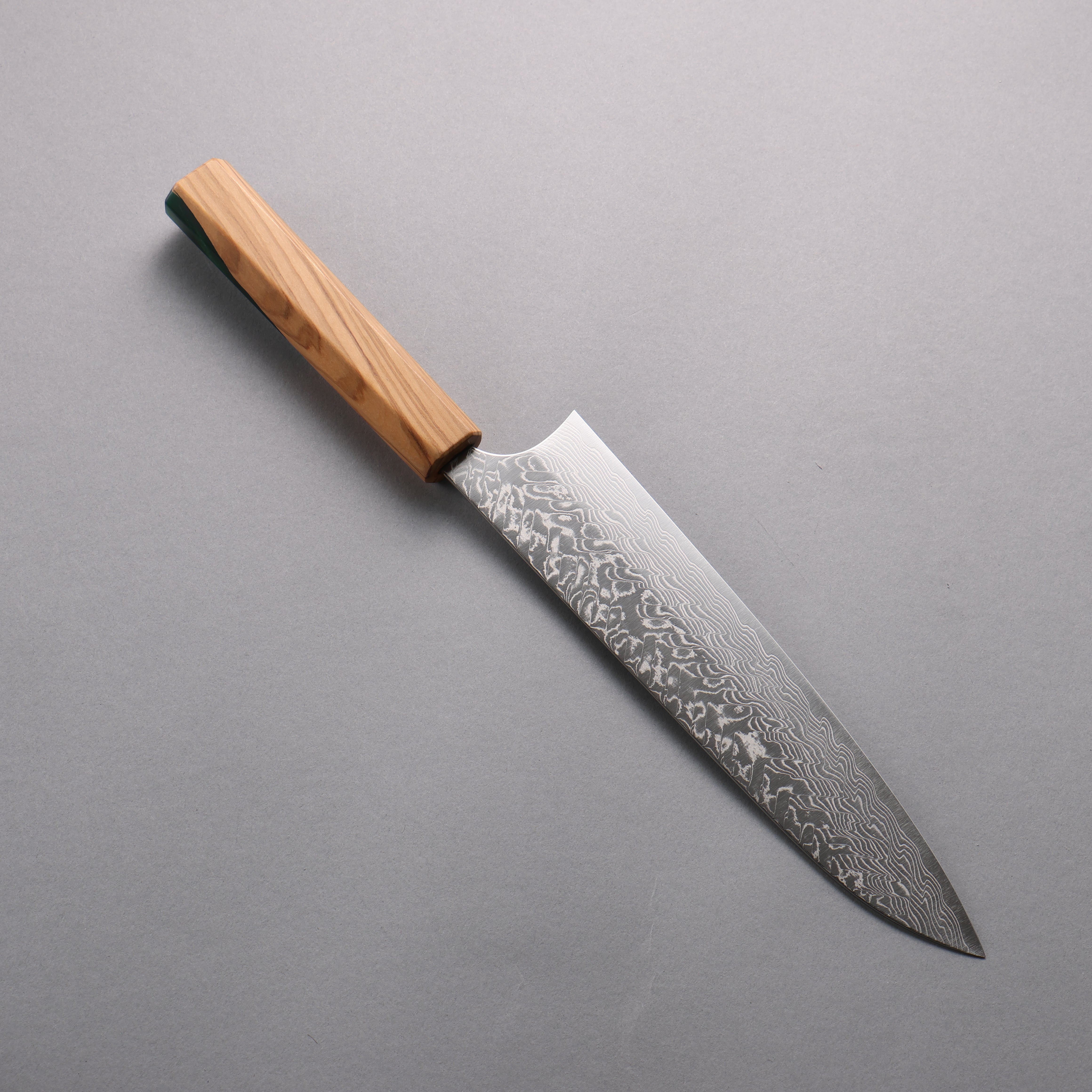 Yoshimi Kato SG2 Damascus Migaki Finished Gyuto 210mm Olive Tree and Green Resin Handle - Seisuke Knife