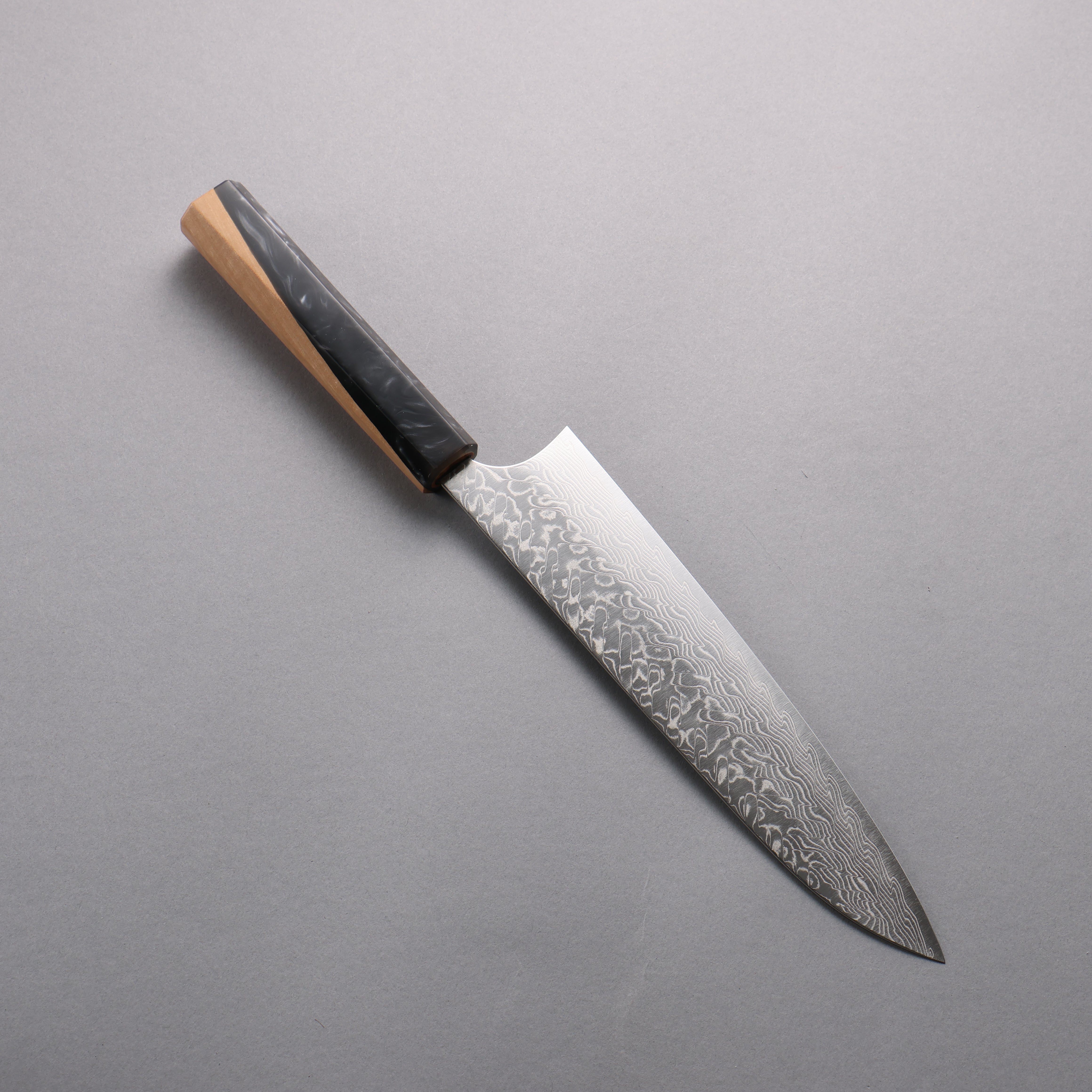 Yoshimi Kato SG2 Damascus Migaki Finished Gyuto 210mm Olive Tree and Black/White Marble Resin Handle - Seisuke Knife