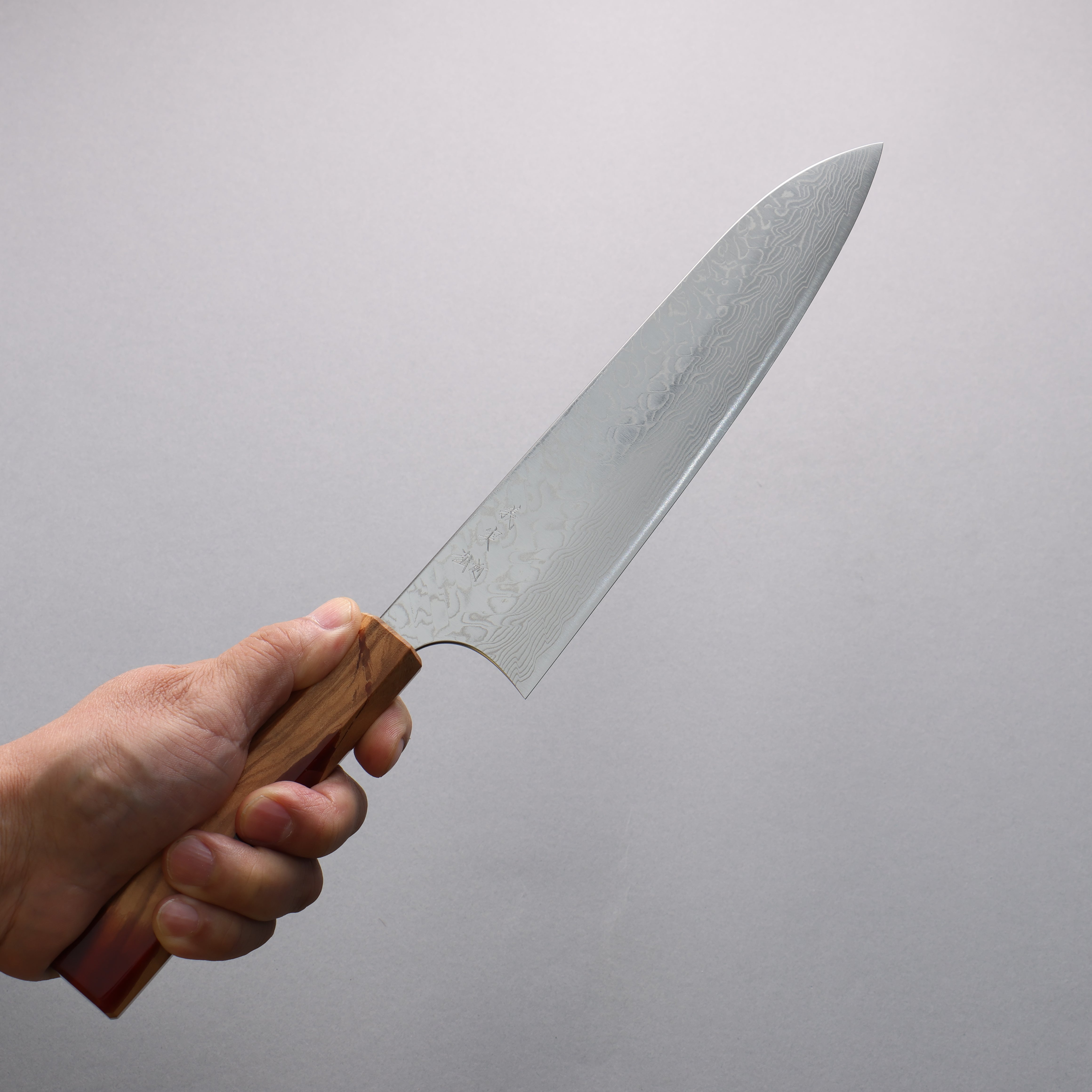 Yoshimi Kato SG2 Damascus Migaki Finished Gyuto 210mm Olive Tree and Red Resin Handle - Seisuke Knife