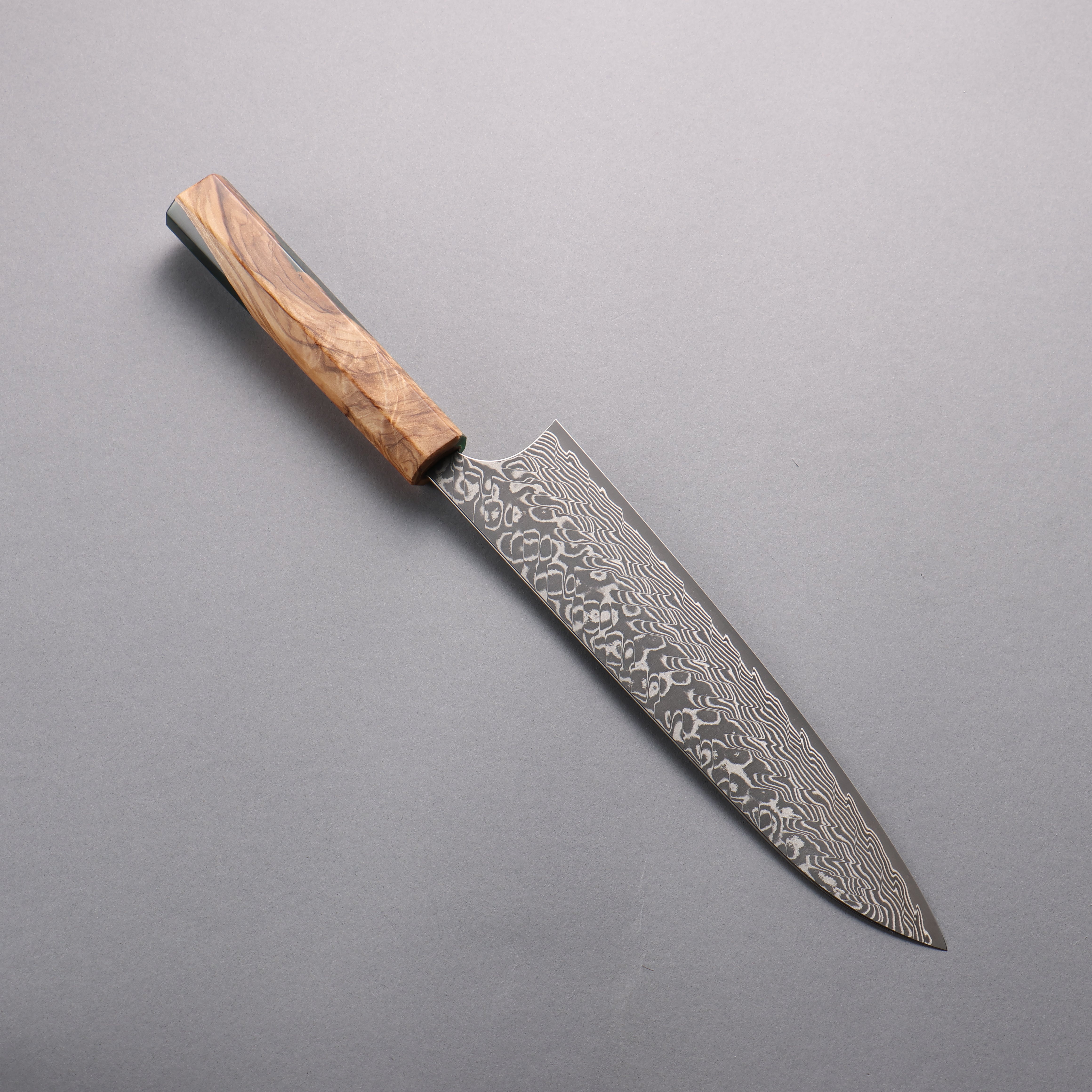 Yoshimi Kato SG2 Black Damascus Gyuto 210mm Olive Tree and Green Resin Handle - Seisuke Knife