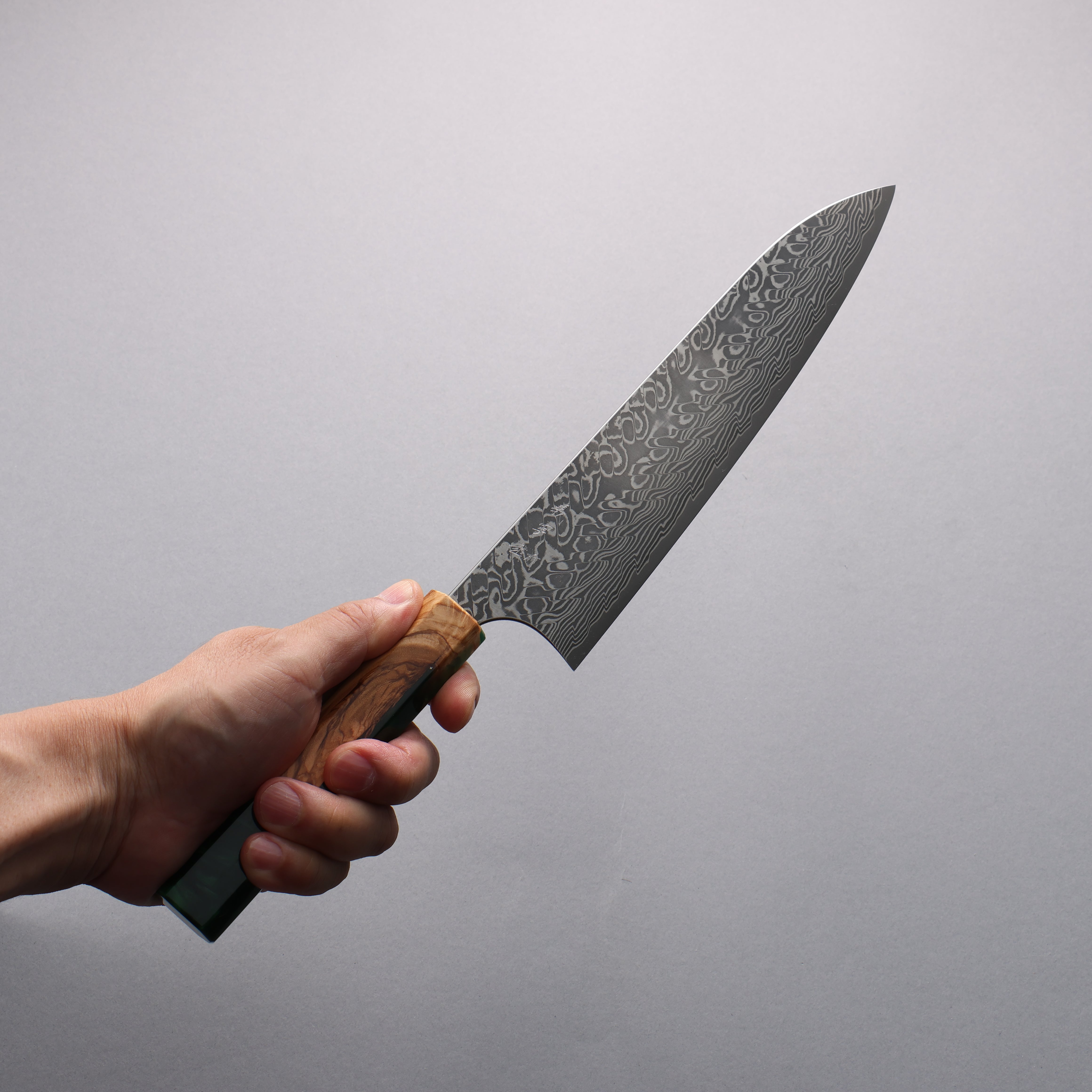 Yoshimi Kato SG2 Black Damascus Gyuto 210mm Olive Tree and Green Resin Handle - Seisuke Knife
