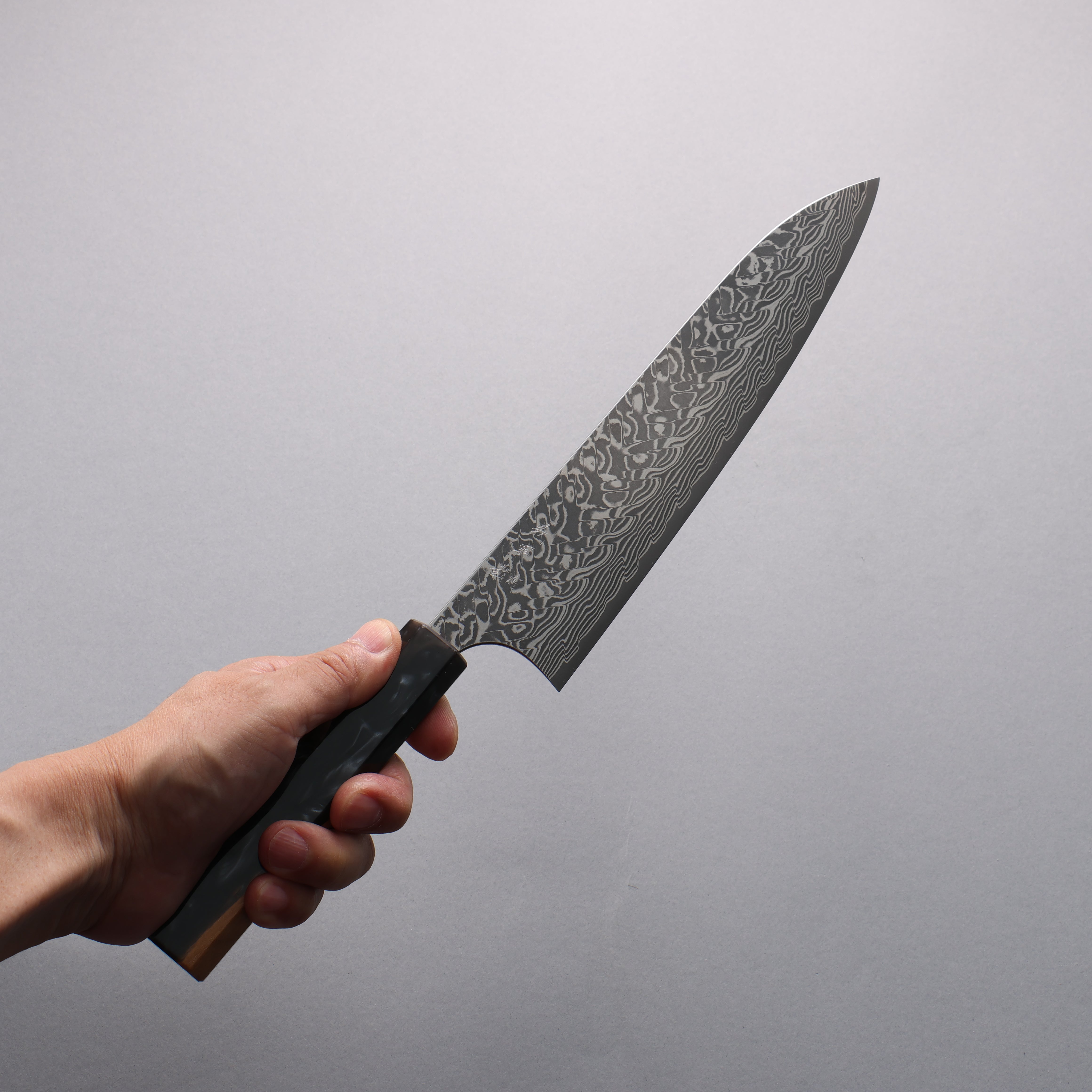 Yoshimi Kato SG2 Black Damascus Gyuto 210mm Olive Tree and Black/White Marble Resin Handle - Seisuke Knife