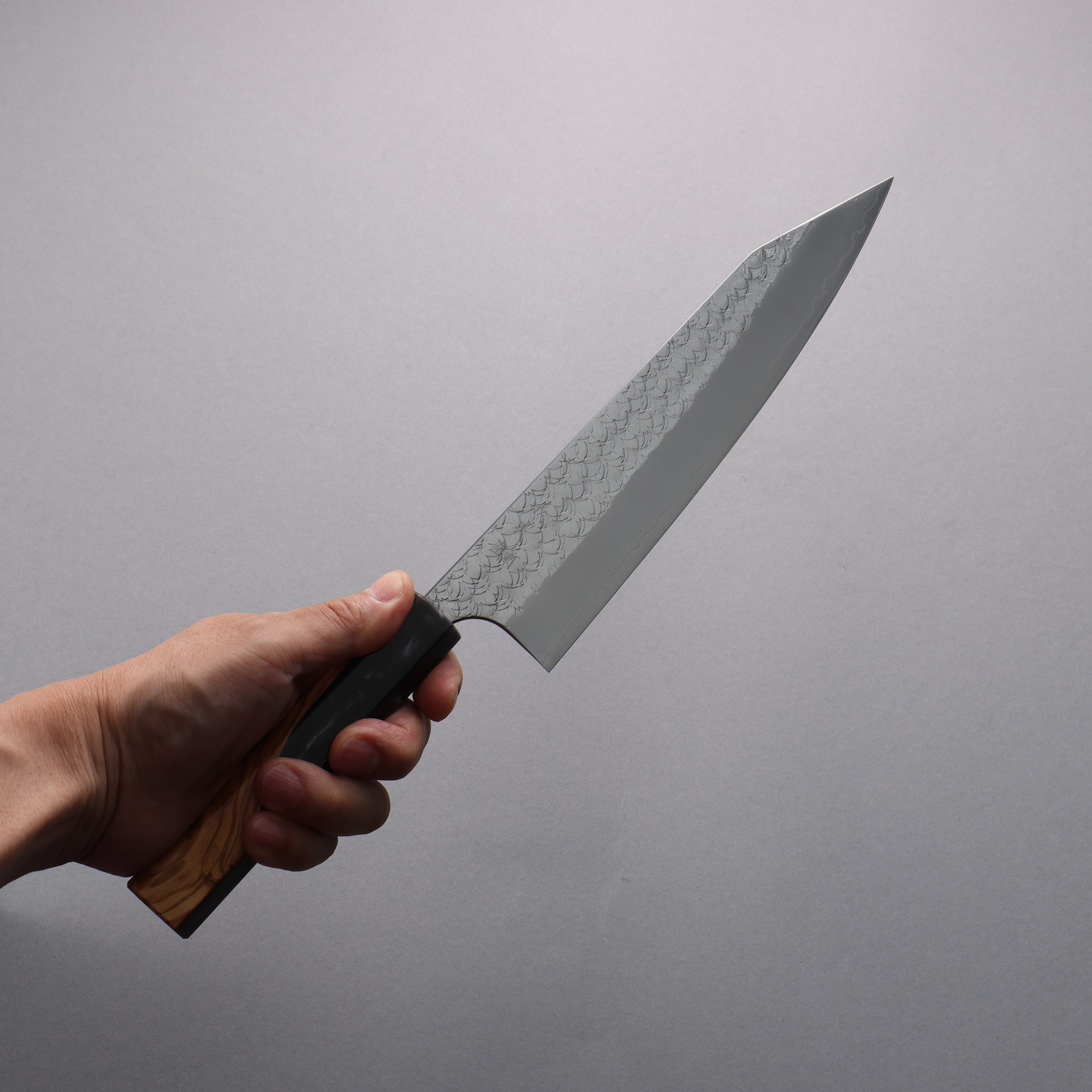 Yoshimi Kato Minamo SG2 Hammered Kiritsuke Gyuto 210mm Olive Tree and Black/White Marble Resin Handle - Seisuke Knife