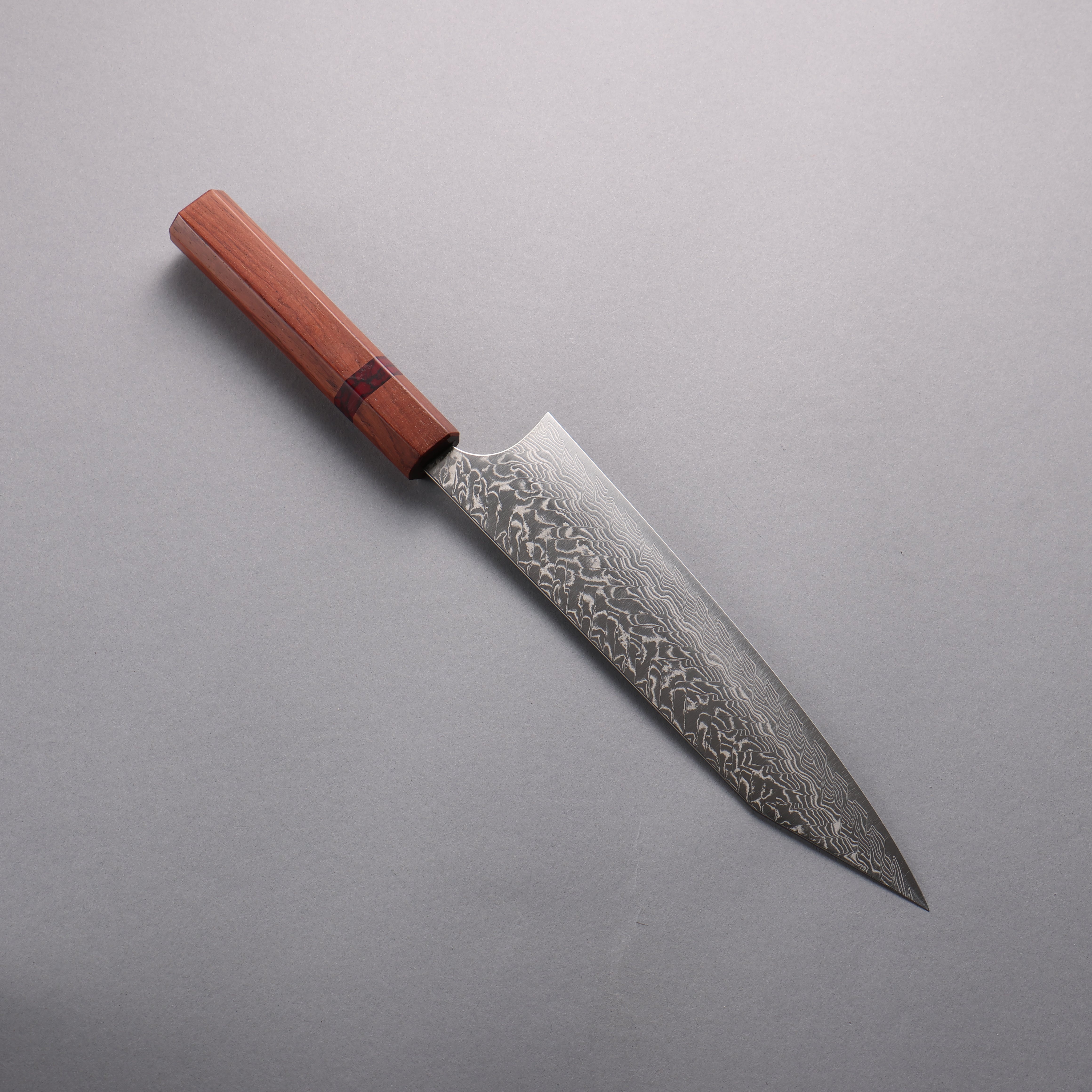 Yoshimi Kato SG2 Damascus Migaki Polish Finish Kiritsuke Gyuto 210mm Rosewood (Red Turquoise Ring) Handle - Seisuke Knife