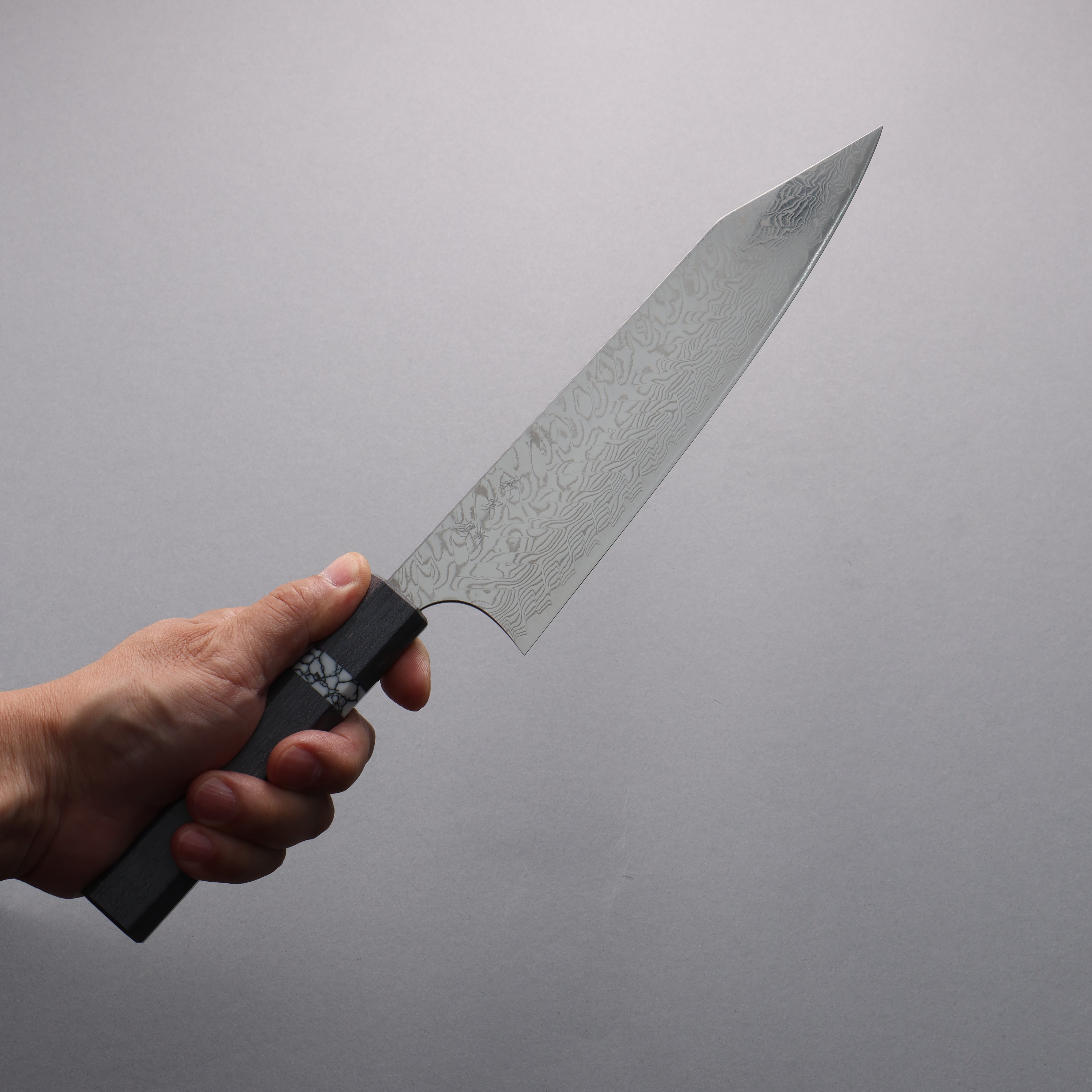 Yoshimi Kato SG2 Damascus Migaki Polish Finish Kiritsuke Gyuto 210mm Gray Stabilized Wood (White turquoise Ring) Handle - Seisuke Knife