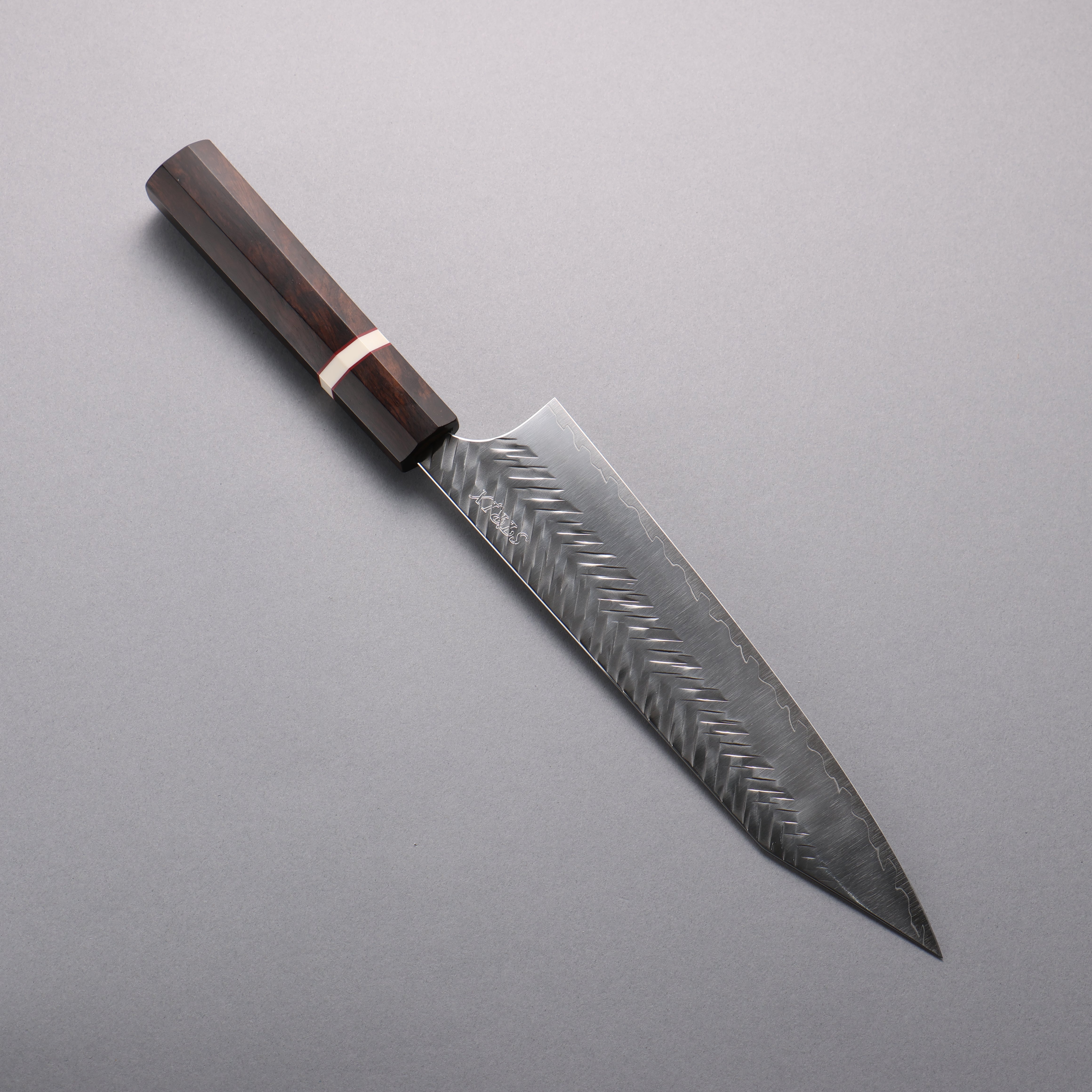 Yoshimi Kato SPG STRIX Hammered (V) Kiritsuke Gyuto 210mm Ebony (White Ring) Handle - Seisuke Knife
