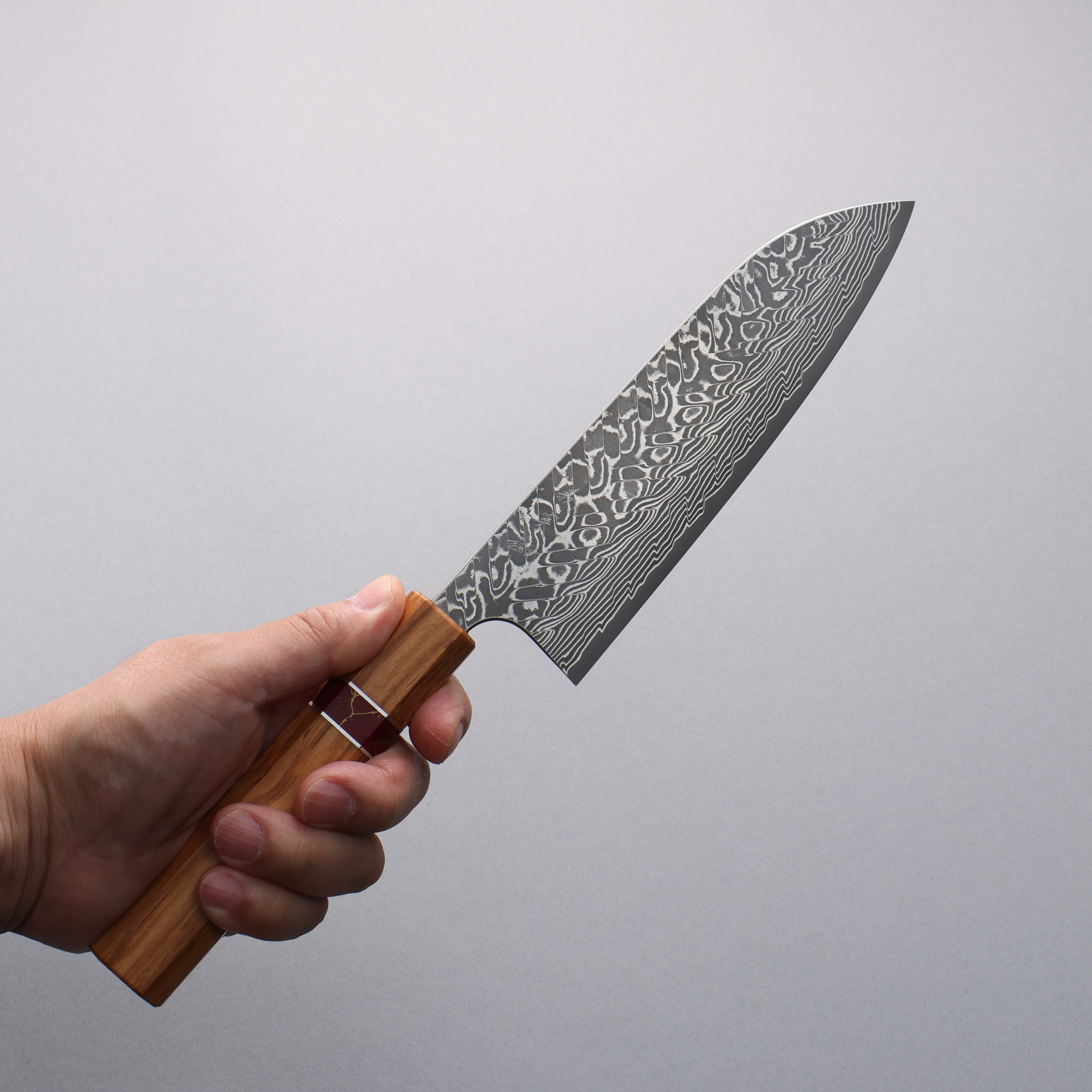 Yoshimi Kato SG2 Black Damascus Santoku 170mm Olive (Red Turquoise Ring) Handle - Seisuke Knife