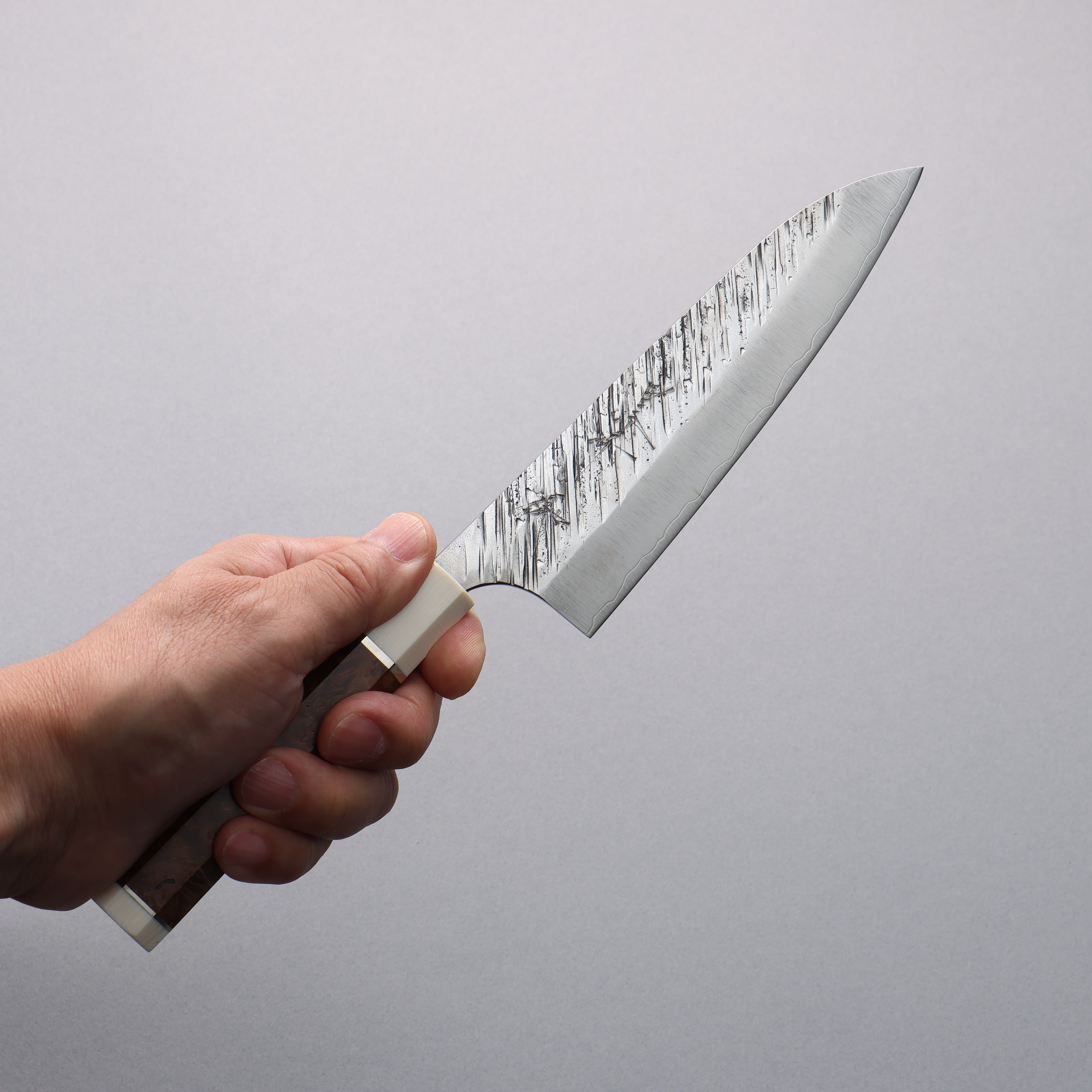 Yu Kurosaki Fujin SG2 Hammered Small Santoku 150mm Stabilized wood (Birch Burl) Handle - Seisuke Knife