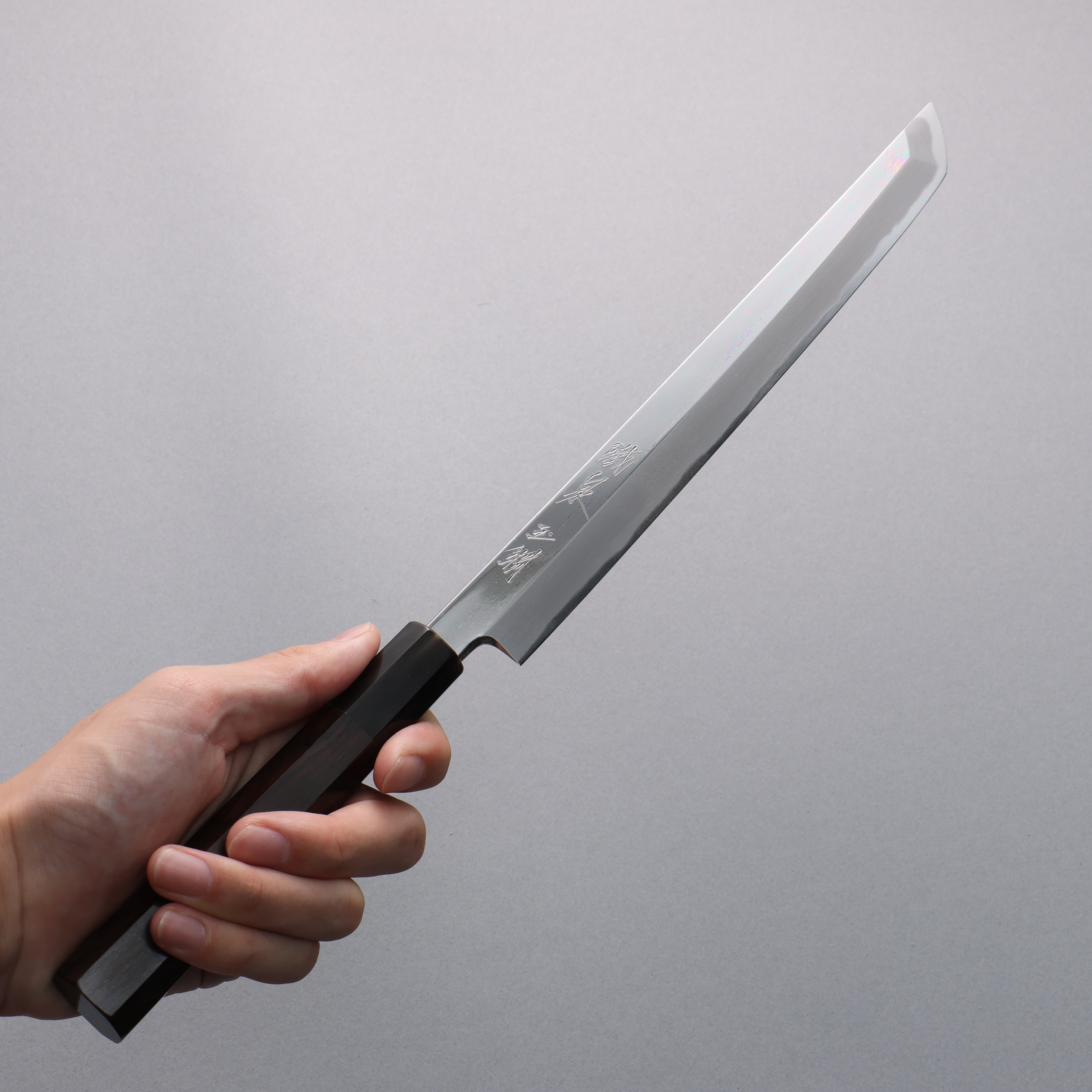 Tessen by Tanaka Tamahagane Mirrored Finish Sakimaru Yanagiba 240mm Ebony Wood Handle with Sheath - Seisuke Knife