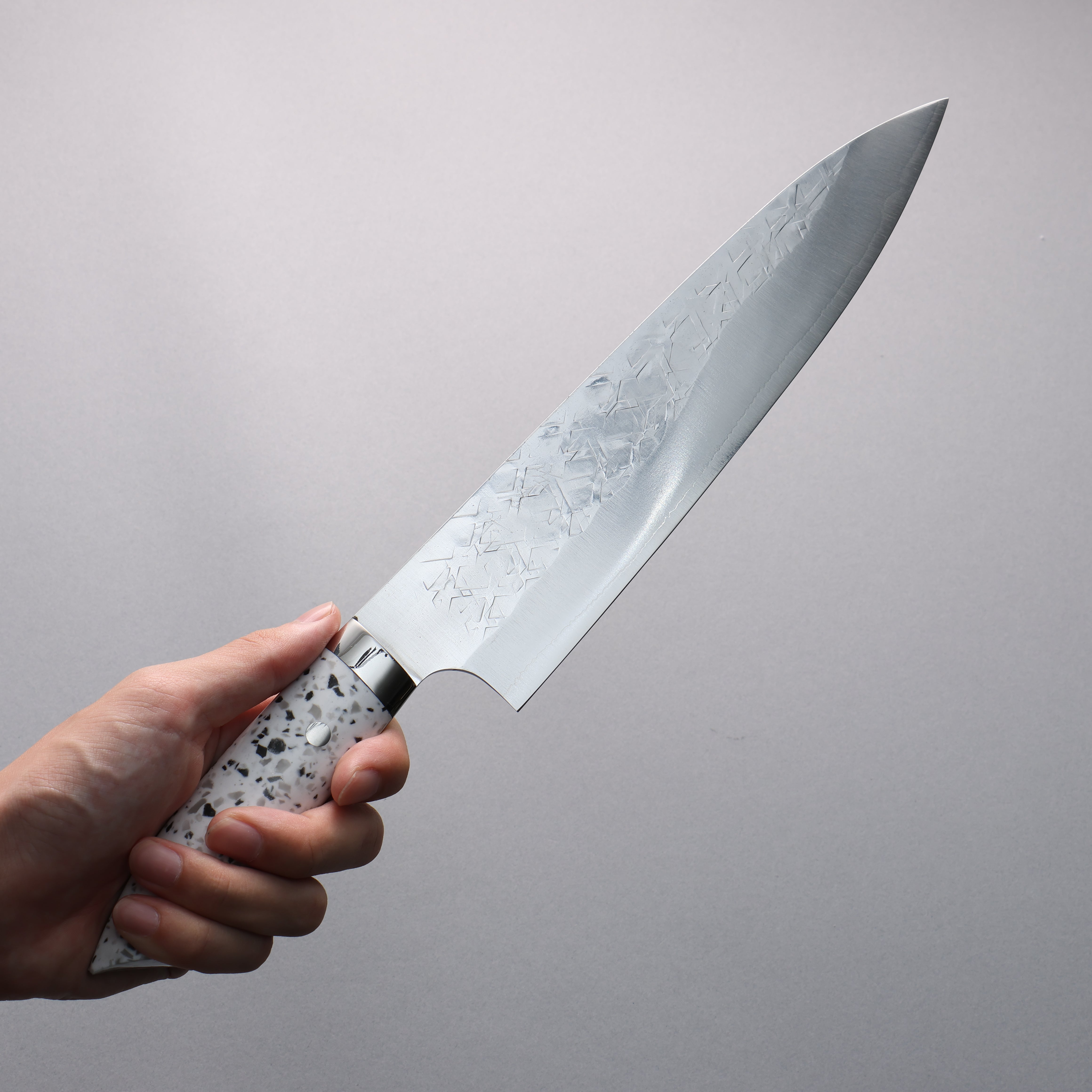 Takeshi Saji New Nomura Style SRS13 Hammered Gyuto 240mm White Terrazzo Handle - Seisuke Knife