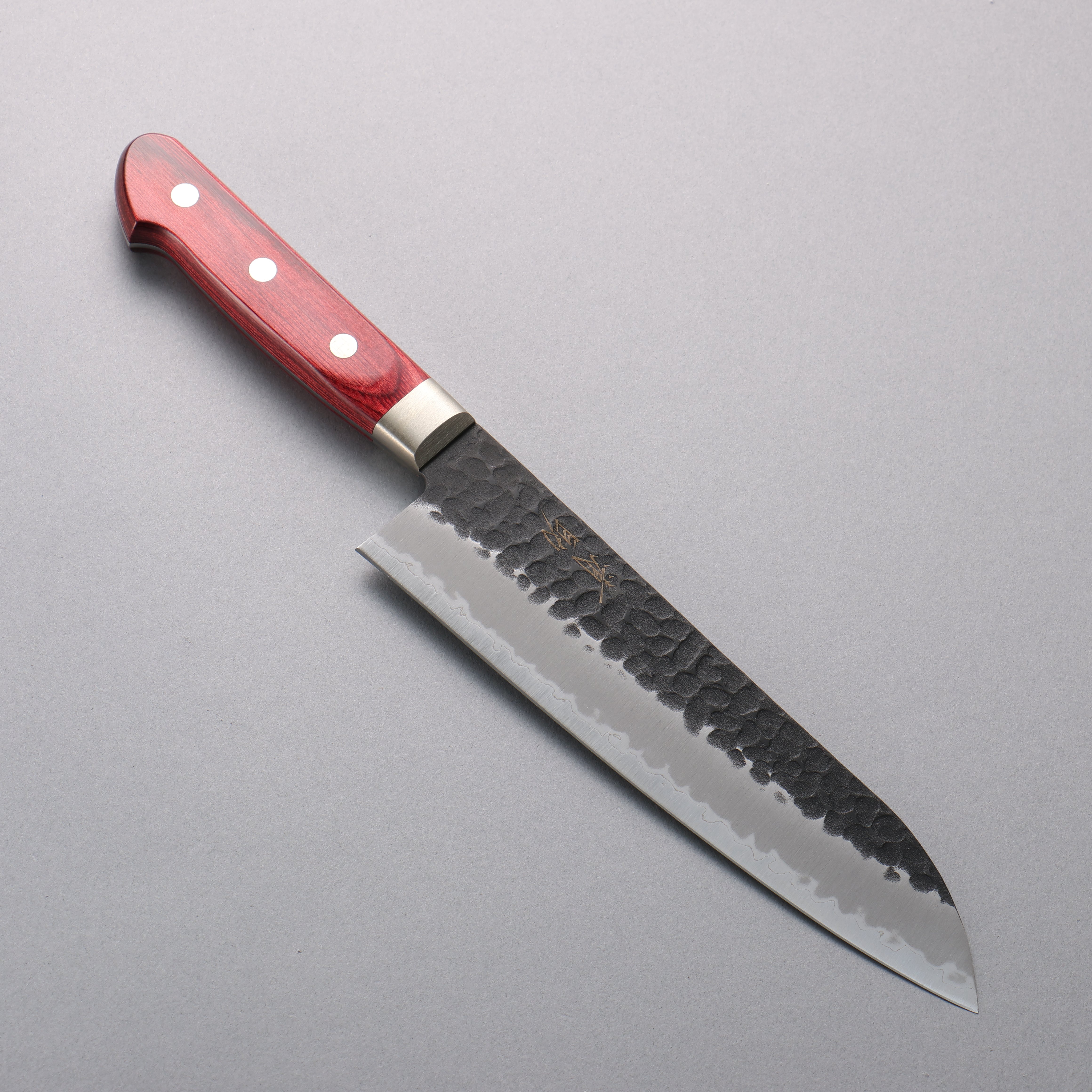 Seisuke Blue Super Hammered Black Finished Santoku 180mm Red Pakka wood Handle - Seisuke Knife