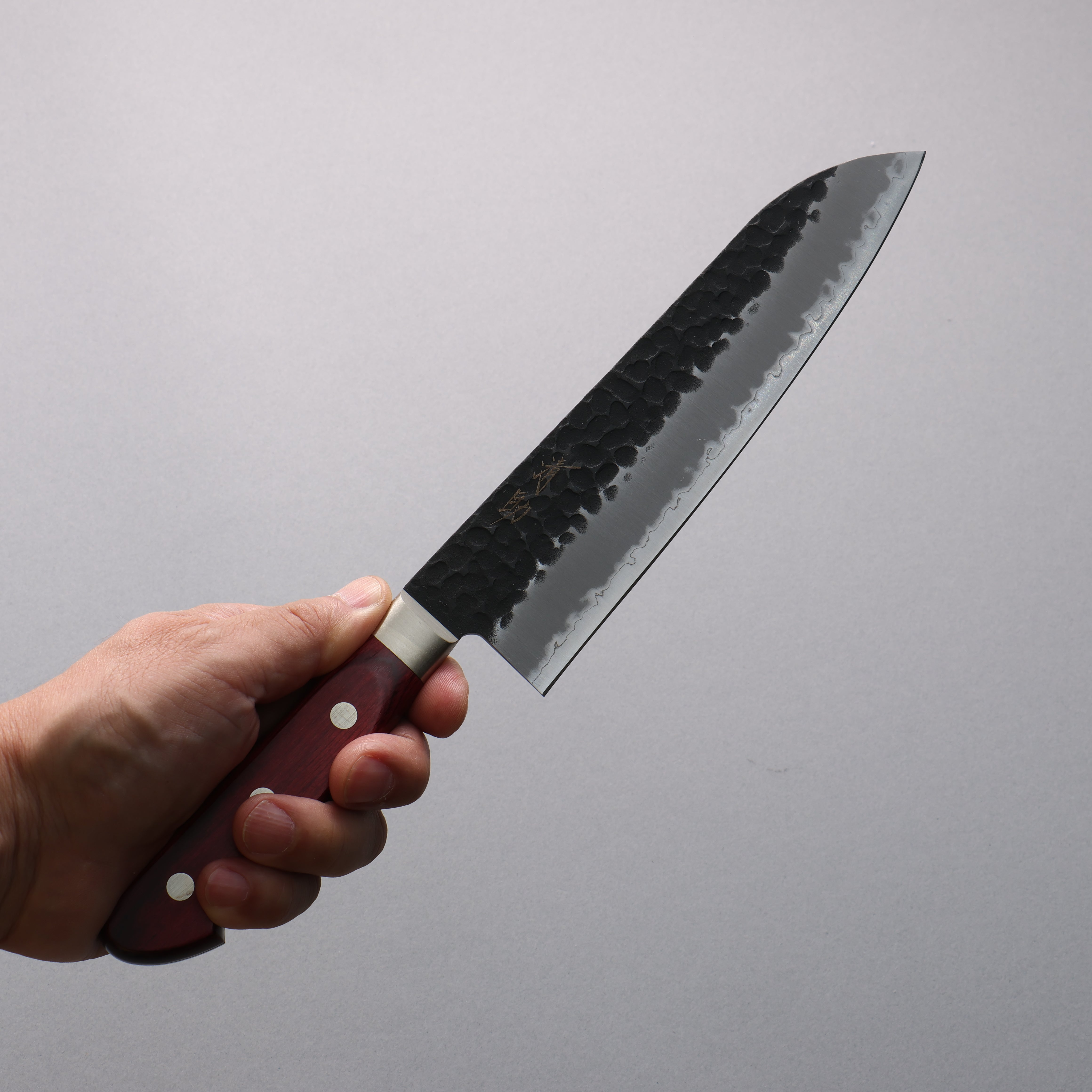 Seisuke Blue Super Hammered Black Finished Santoku 180mm Red Pakka wood Handle - Seisuke Knife