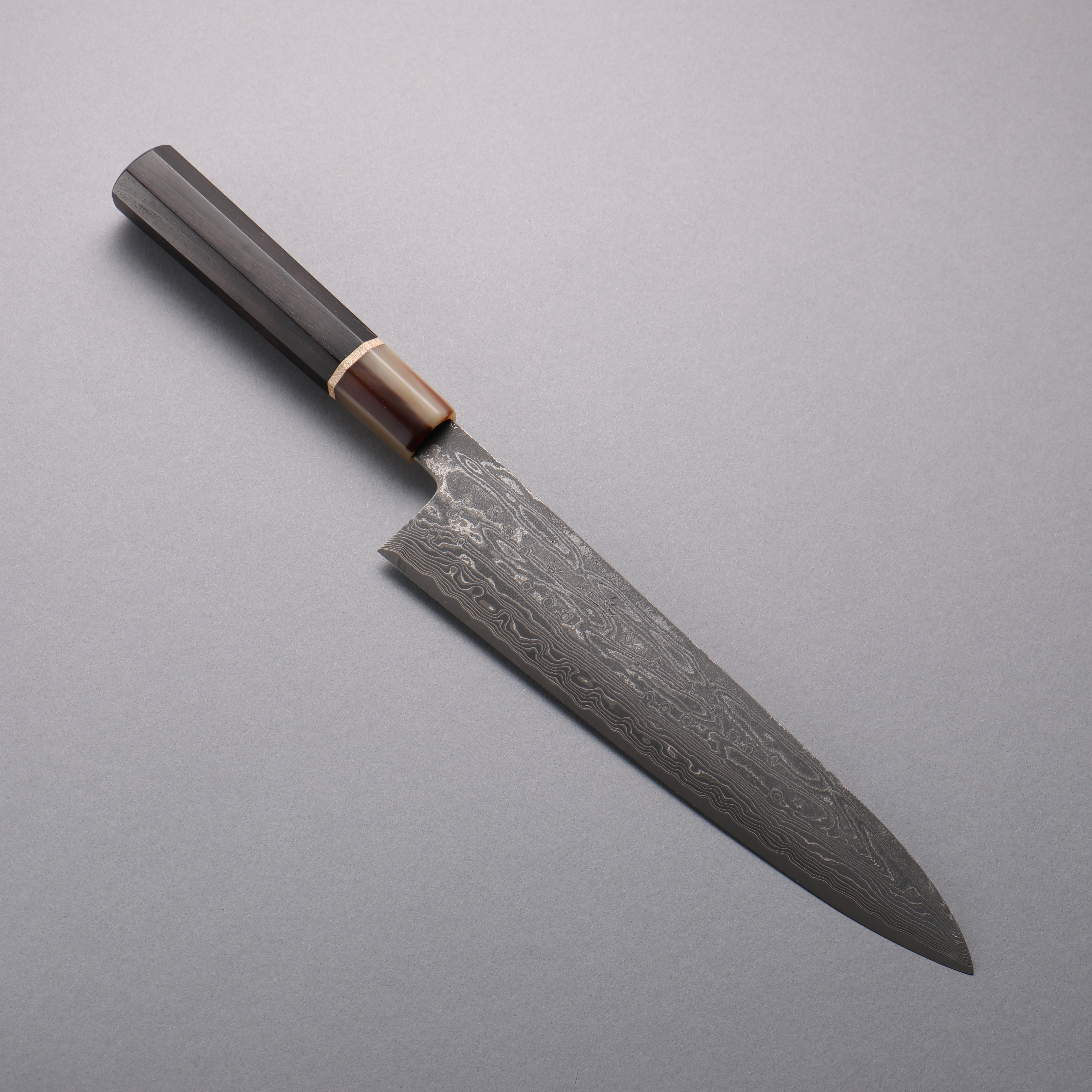 Seisuke SPG STRIX Black Damascus Gyuto 240mm Ebony (Maple Ring and Water Buffalo Ferrule) Handle - Seisuke Knife