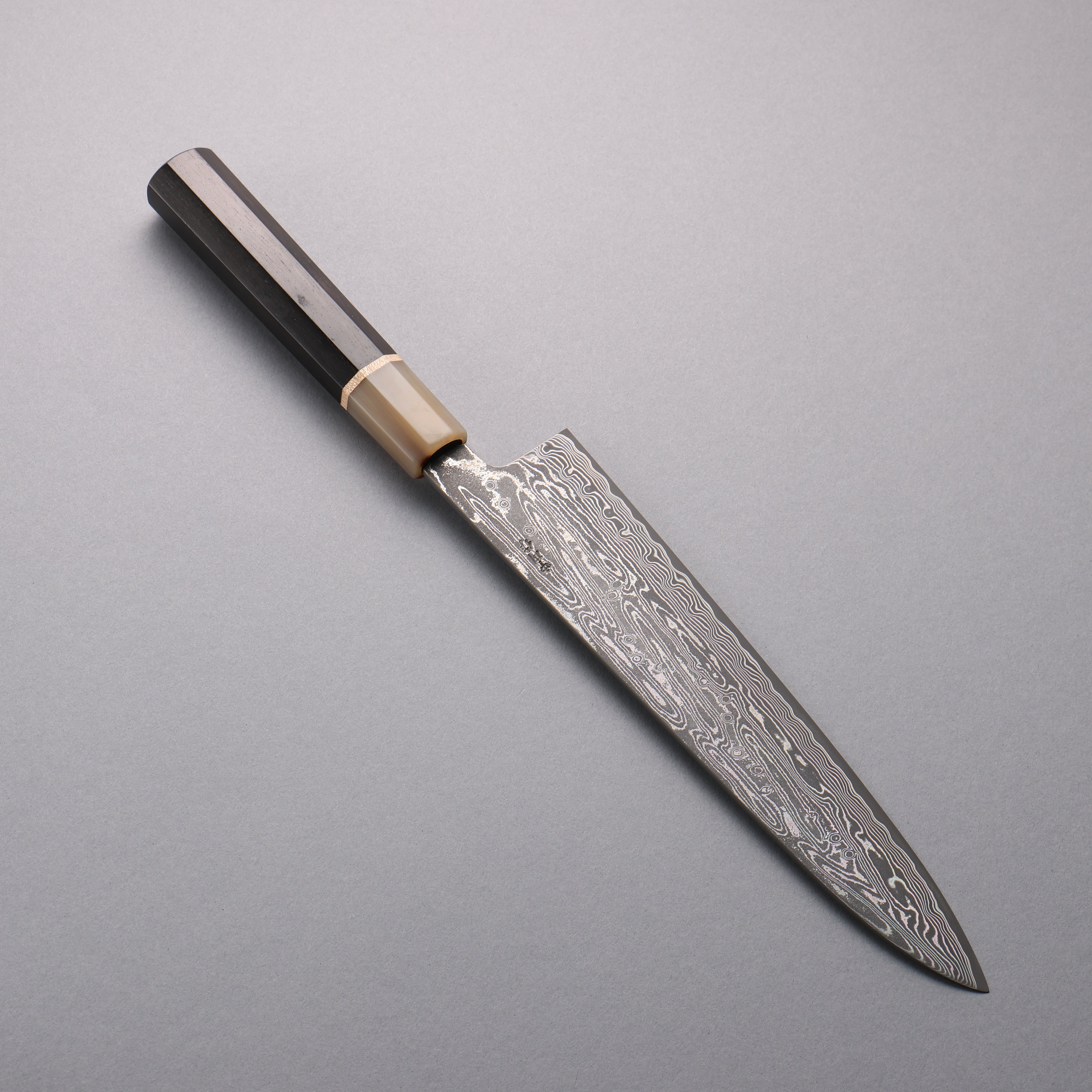 Seisuke SPG STRIX Black Damascus Gyuto 240mm Ebony (Maple Ring and Water Buffalo Ferrule) Handle - Seisuke Knife