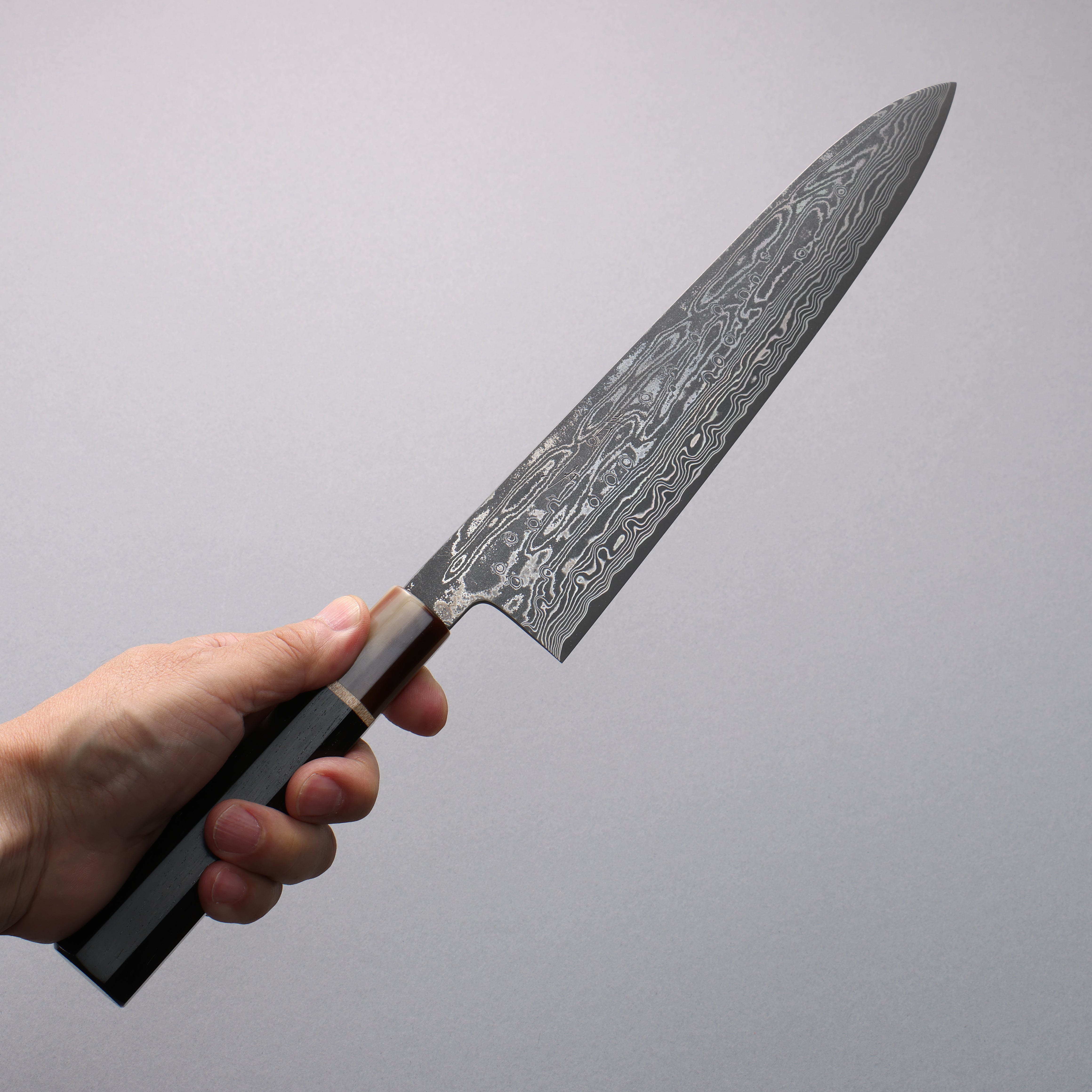 Seisuke SPG STRIX Black Damascus Gyuto 240mm Ebony (Maple Ring and Water Buffalo Ferrule) Handle - Seisuke Knife
