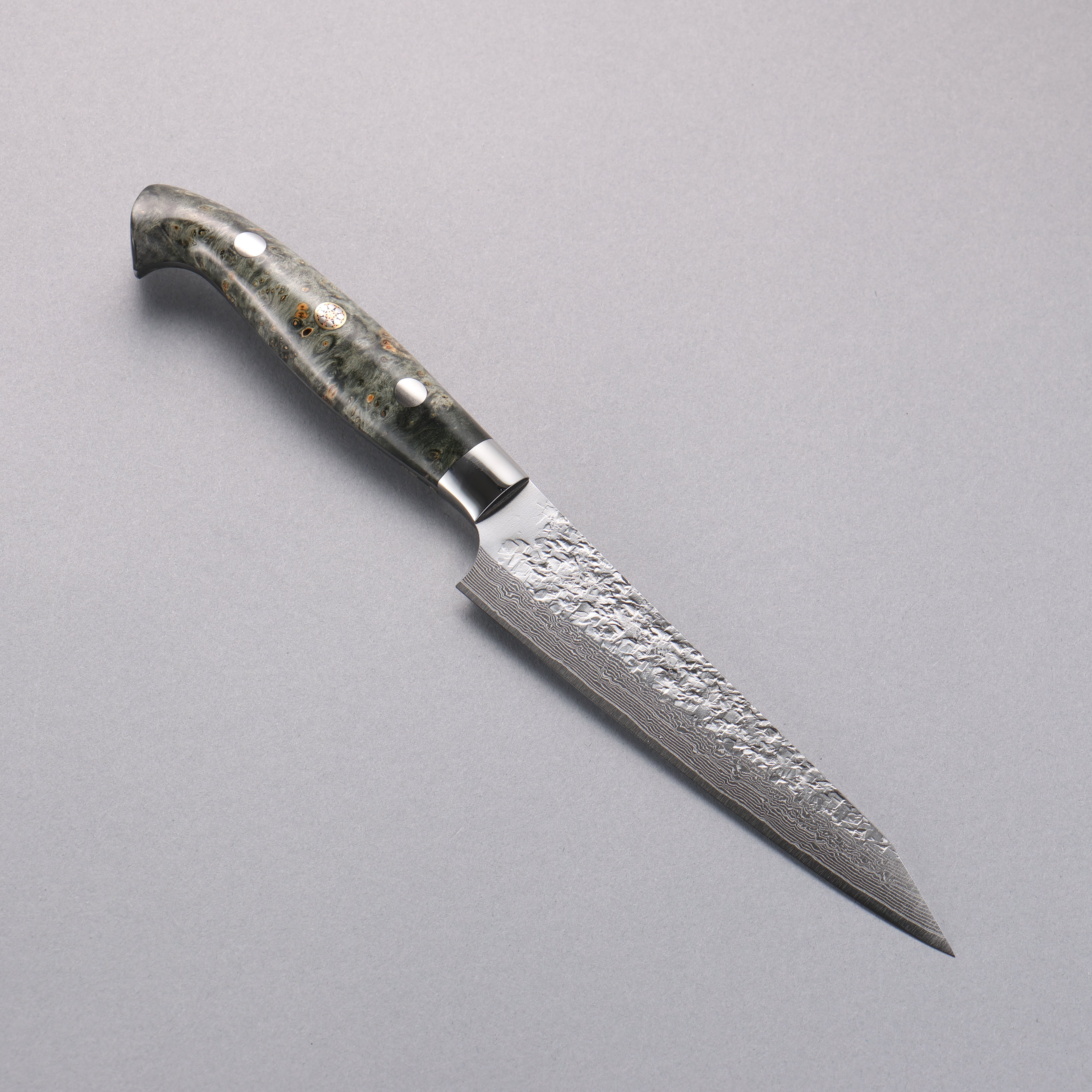 Yu Kurosaki Shizuku SG2 Hammered Damascus Kiritsuke Petty-Utility 130mm Gray Stablilized Wood Handle - Seisuke Knife