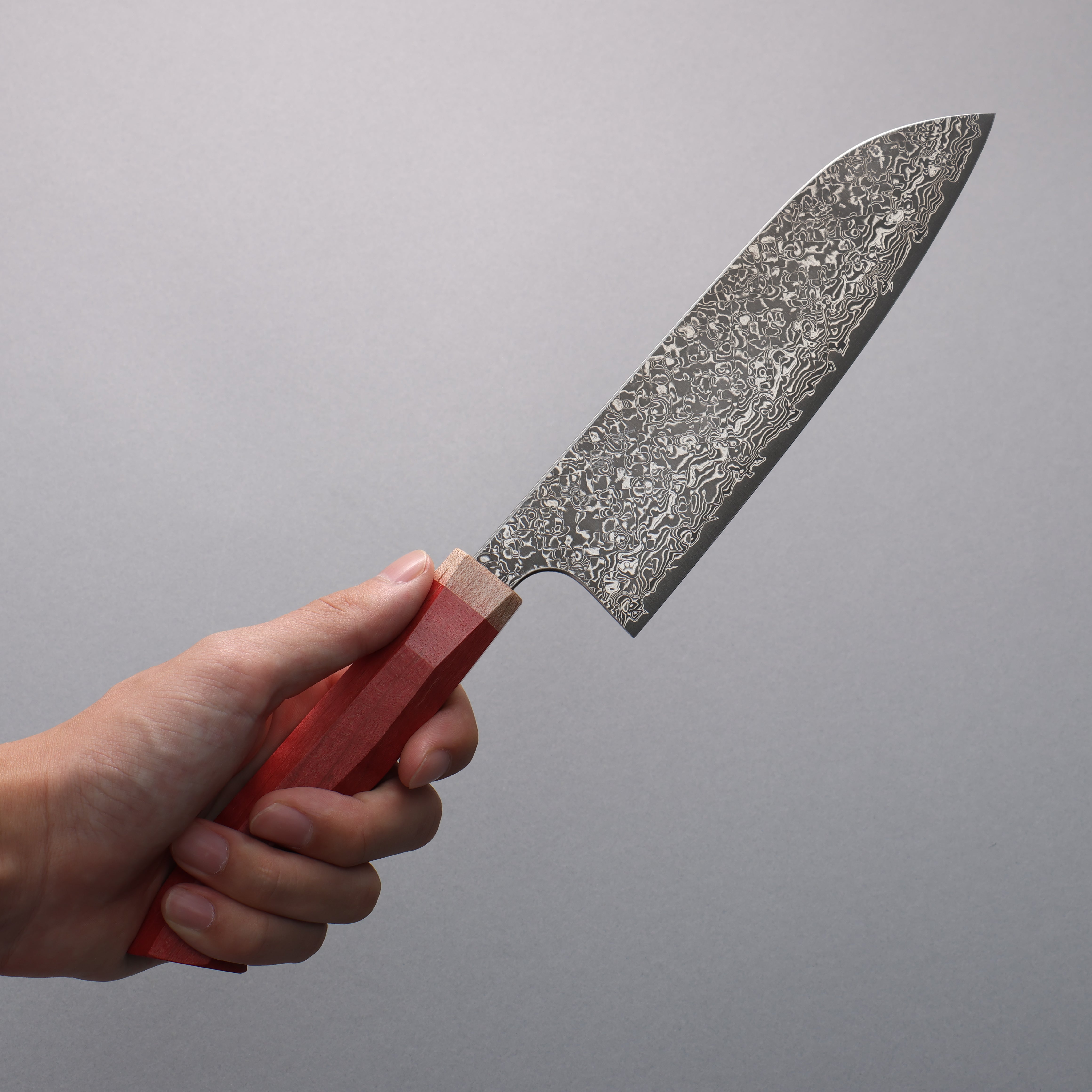 Yoshimi Kato VG10 Black Damascus Santoku 170mm Western style (red) Handle - Seisuke Knife