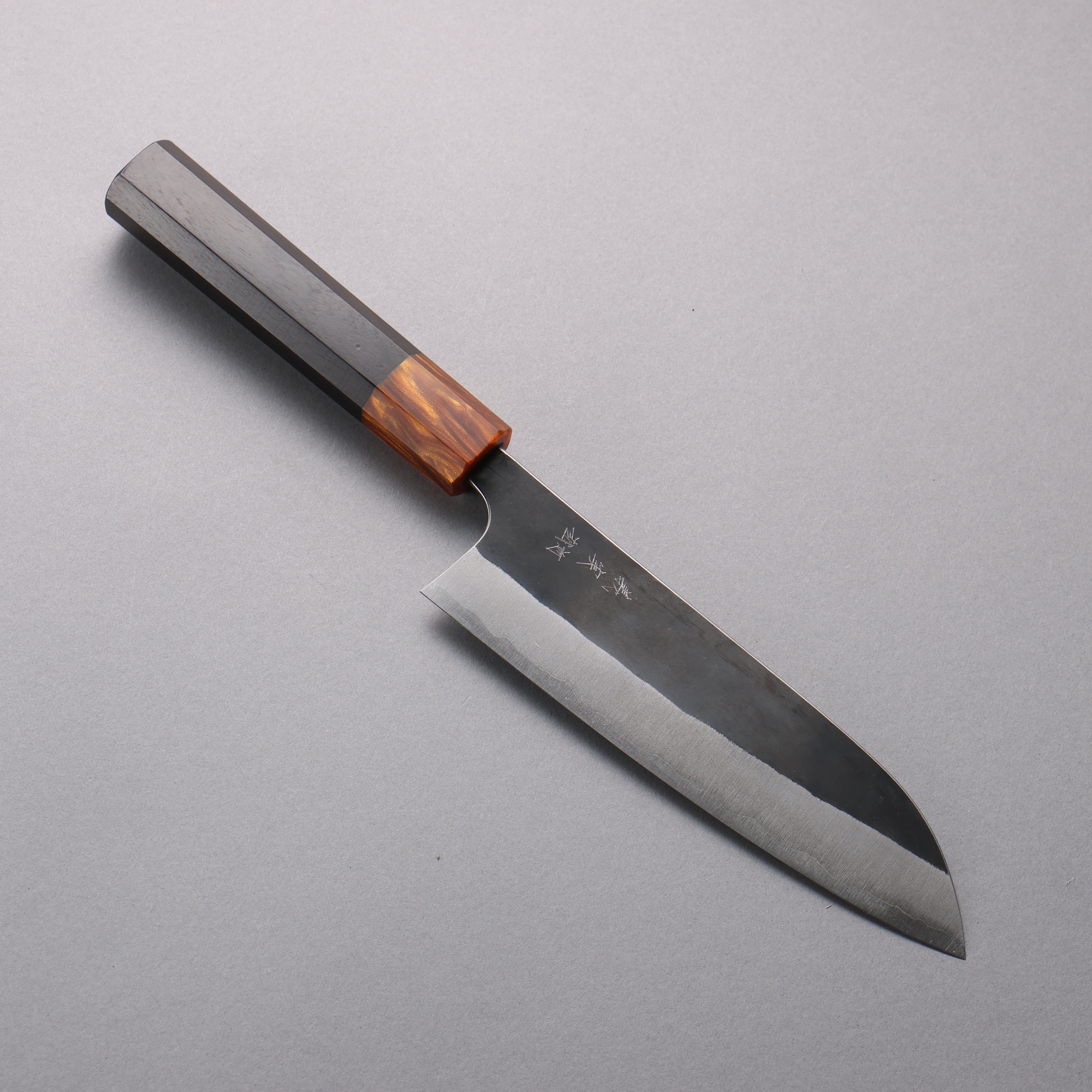 Yoshimi Kato Blue Super Black Finished Santoku 170mm Ebony (ferrule: Orange Resin) Handle - Seisuke Knife