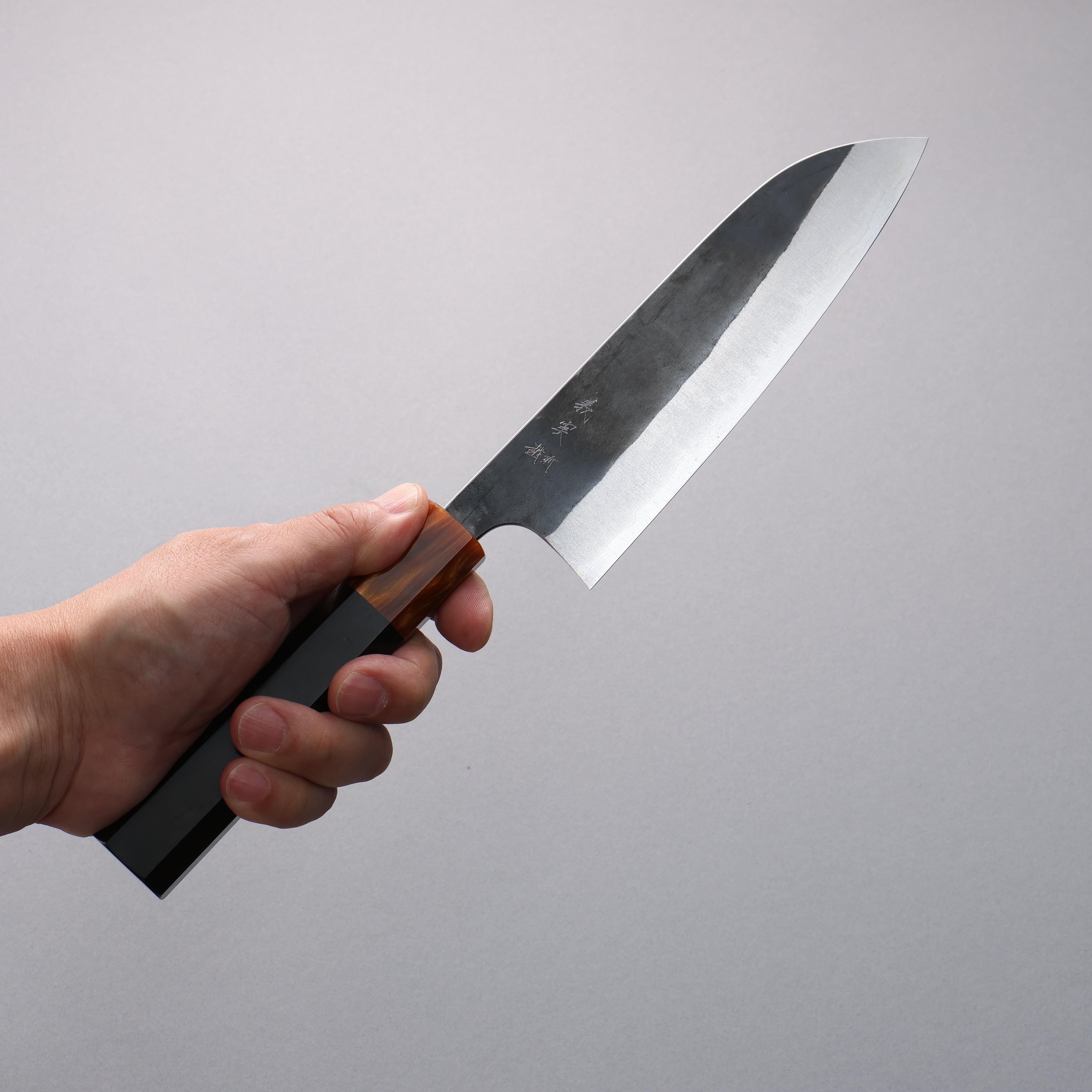 Yoshimi Kato Blue Super Black Finished Santoku 170mm Ebony (ferrule: Orange Resin) Handle - Seisuke Knife