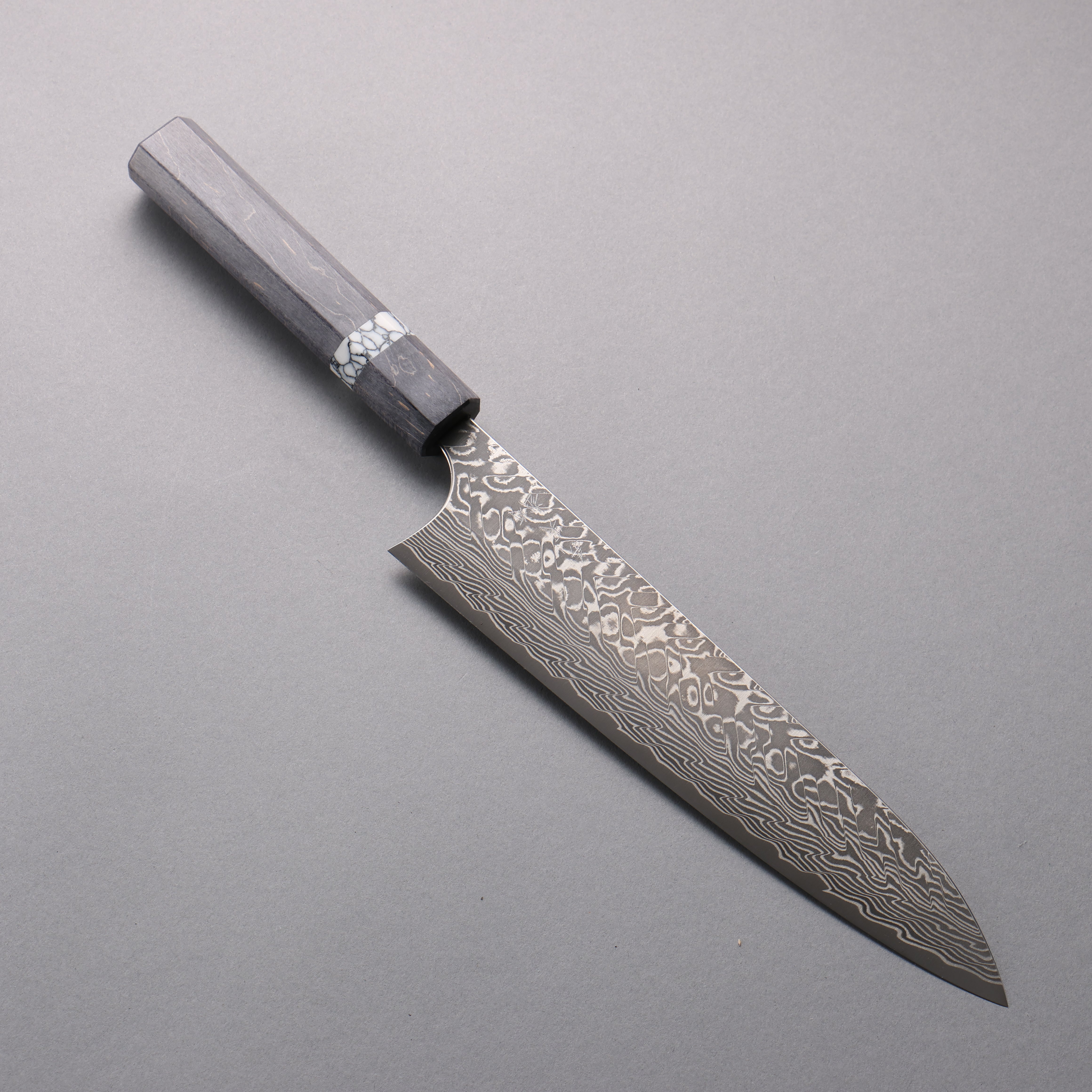 Yoshimi Kato SG2 Damascus Black Finished Gyuto 210mm Gray Stabilized Wood (White Turquoise Ring) Handle - Seisuke Knife