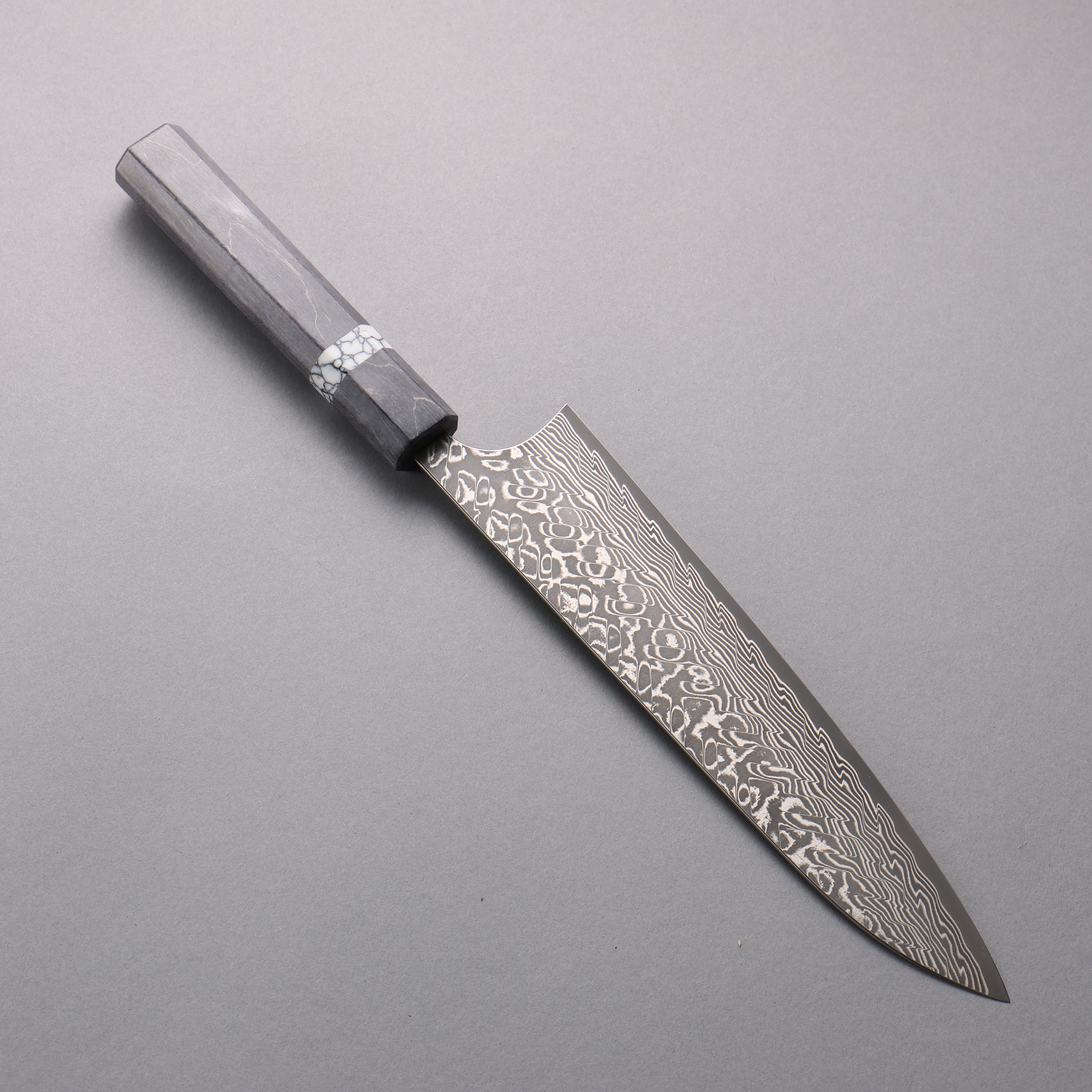 Yoshimi Kato SG2 Damascus Black Finished Gyuto 210mm Gray Stabilized Wood (White Turquoise Ring) Handle - Seisuke Knife