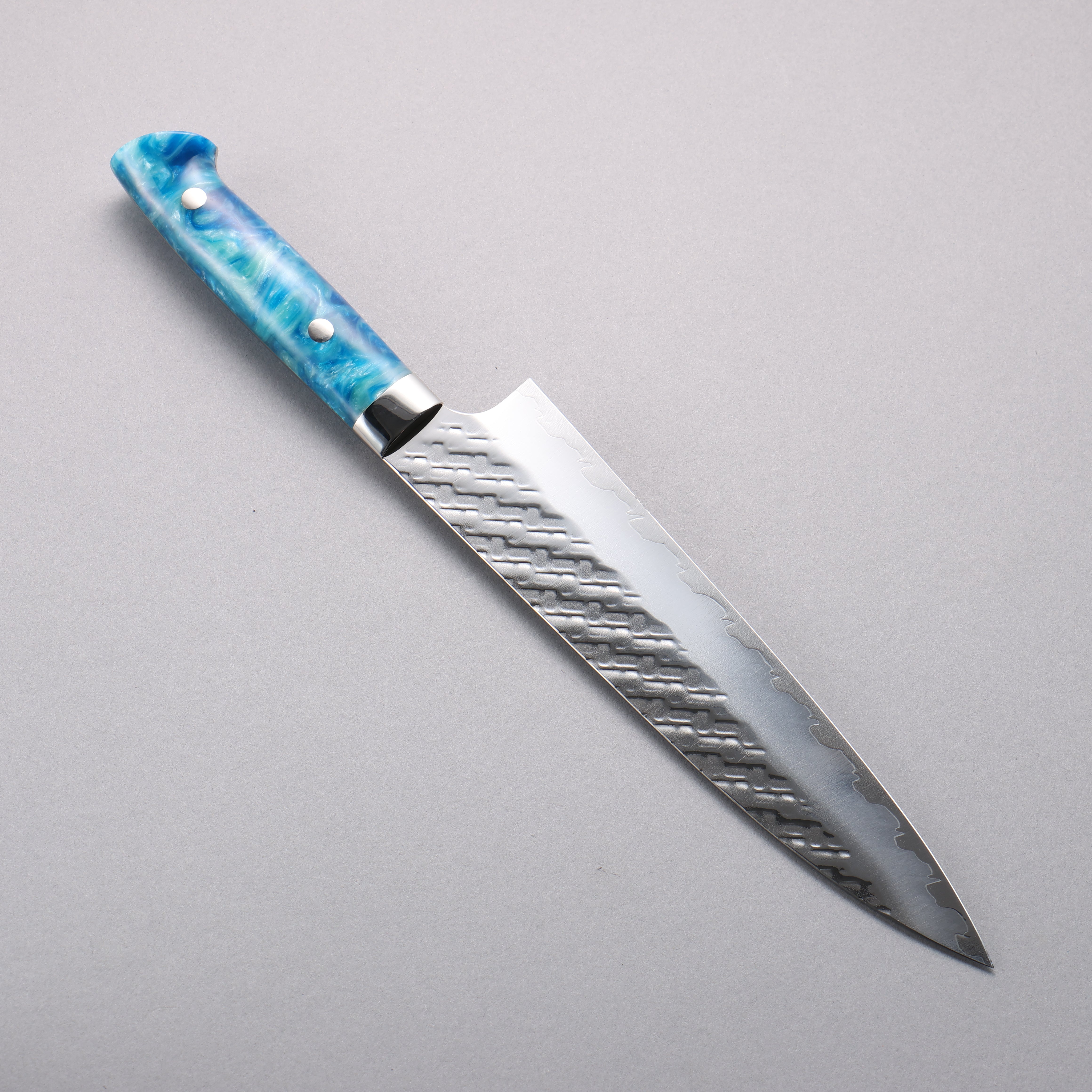Takeshi Saji SPG STRIX Hammered Migaki Finished Gyuto 210mm Blue and White Acrylic Handle - Seisuke Knife
