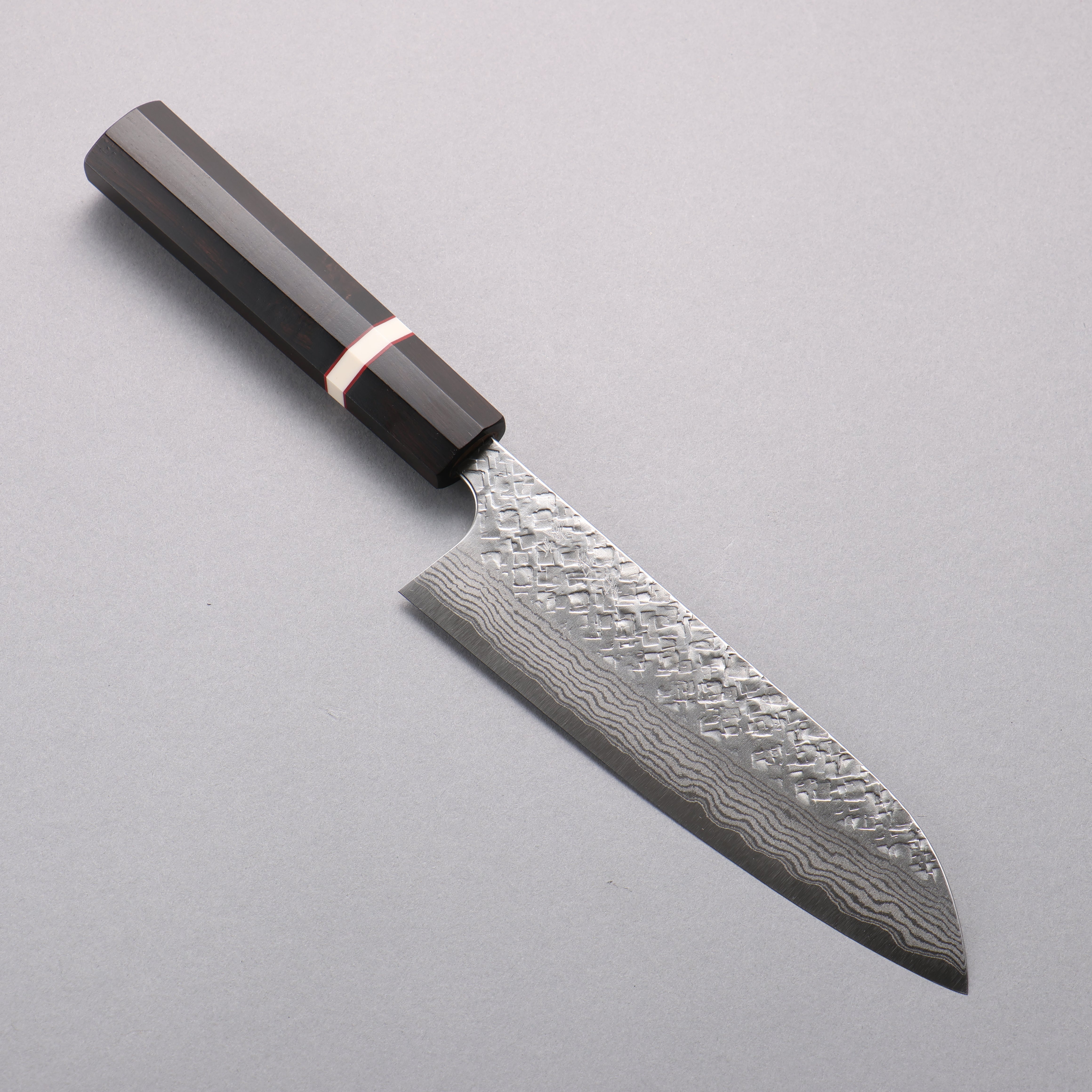 Yoshimi Kato VG10 Damascus Hammered(square) Santoku 170mm Ebony (White Ring) Handle - Seisuke Knife