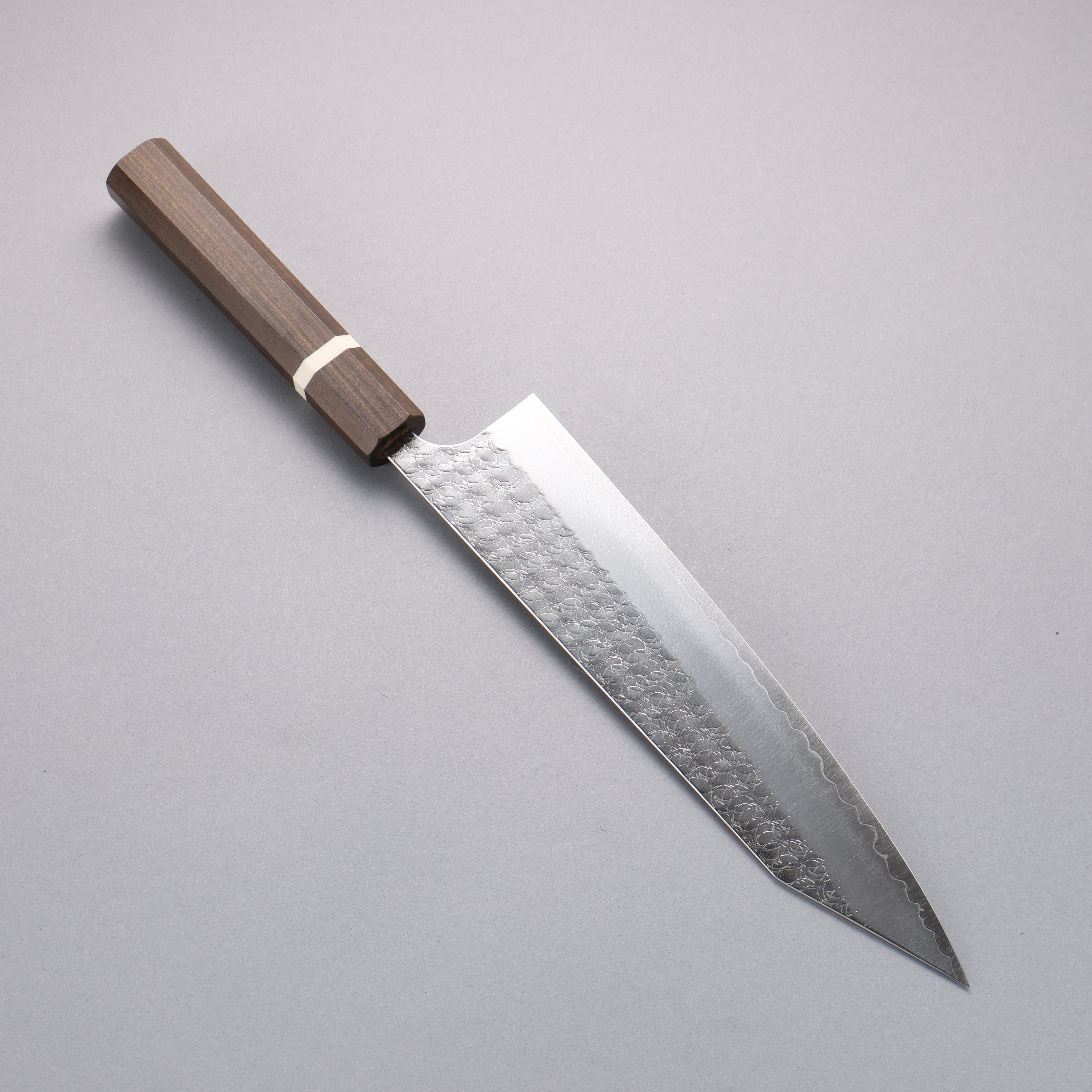 Yoshimi Kato Minamo SG2 Hammered Kiritsuke Gyuto 240mm Sandalwood with White Ring Handle - Seisuke Knife