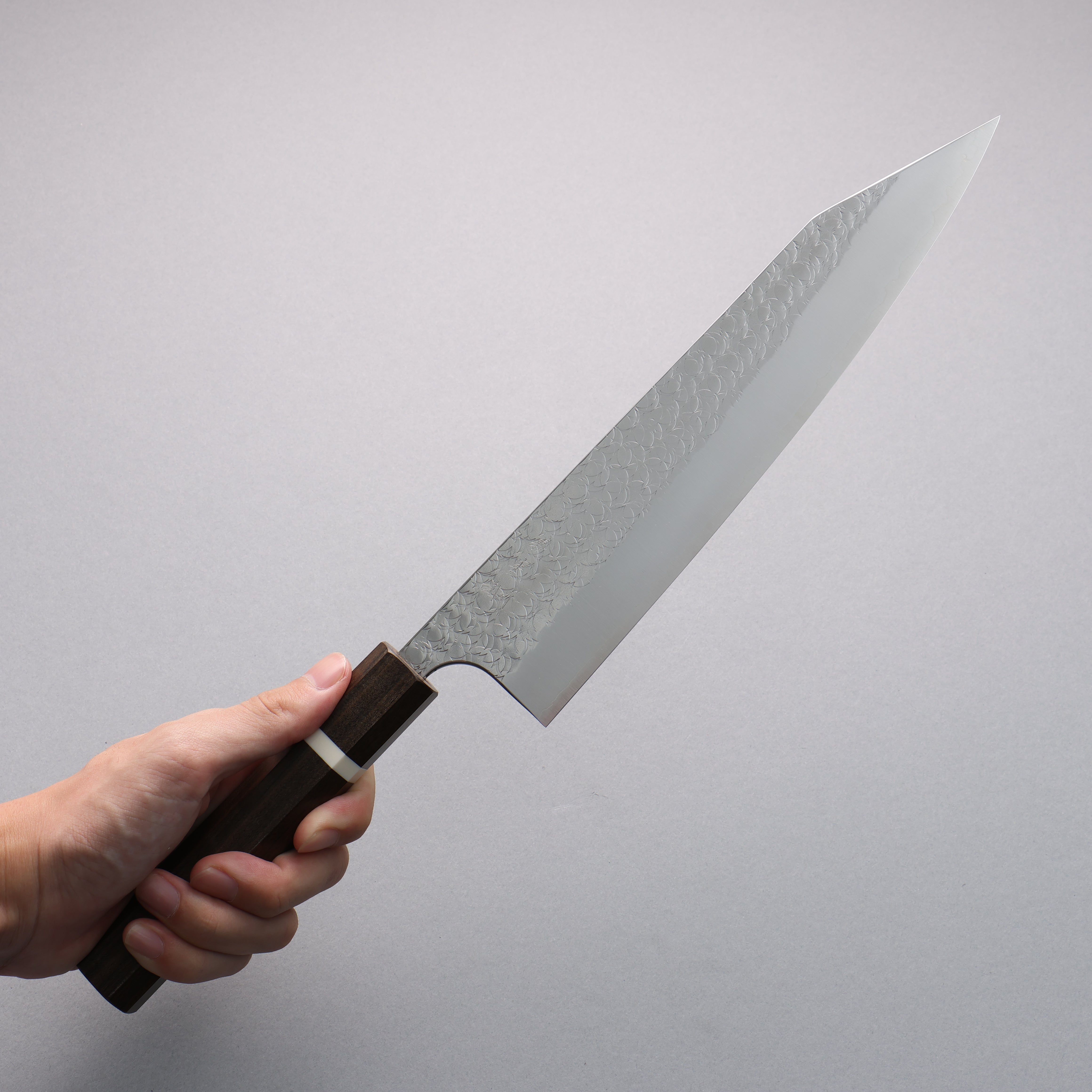 Yoshimi Kato Minamo SG2 Hammered Kiritsuke Gyuto 240mm Sandalwood with White Ring Handle - Seisuke Knife