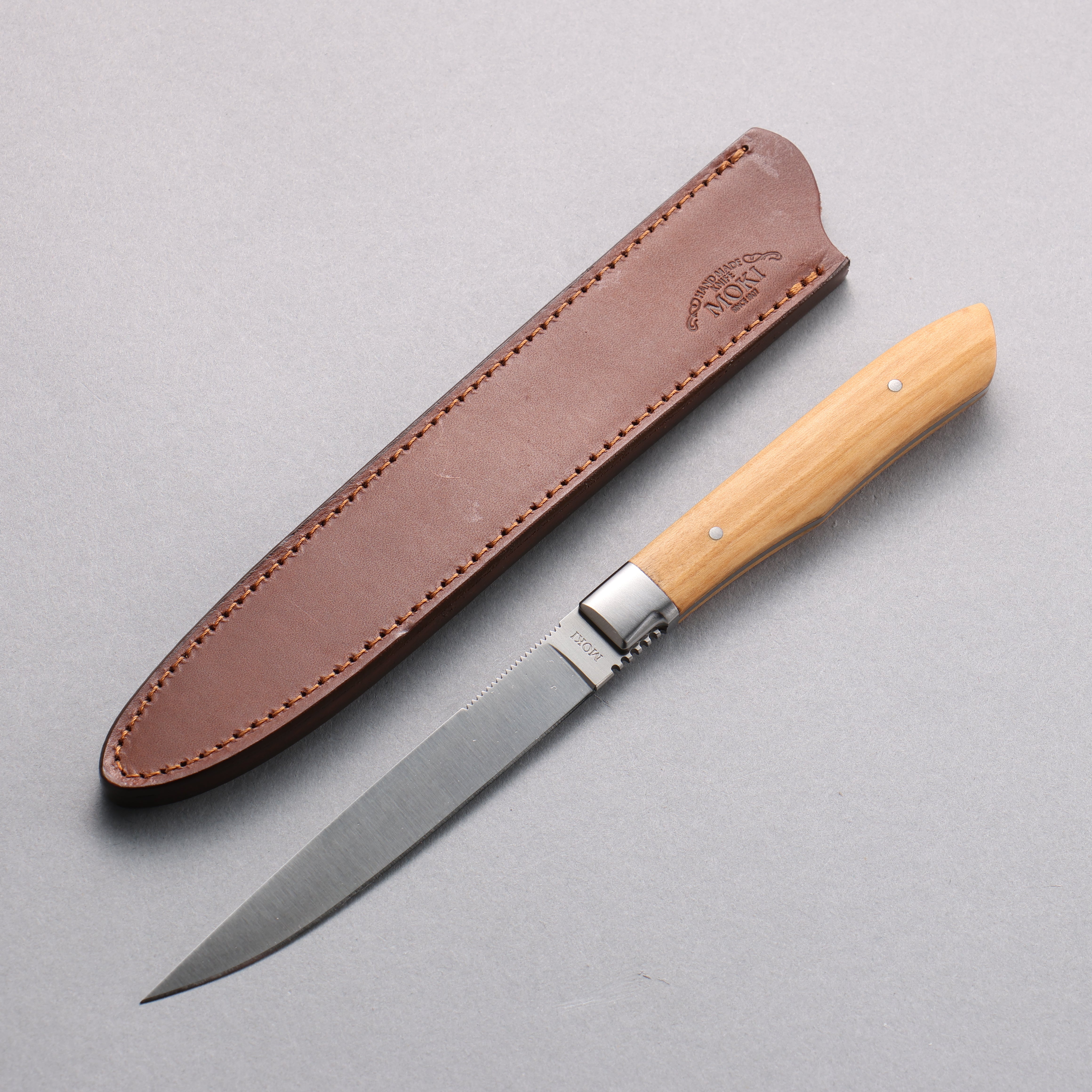 Moki Knife AUS8 Steak 75mm Olive tree Handle with Sheath - Seisuke Knife