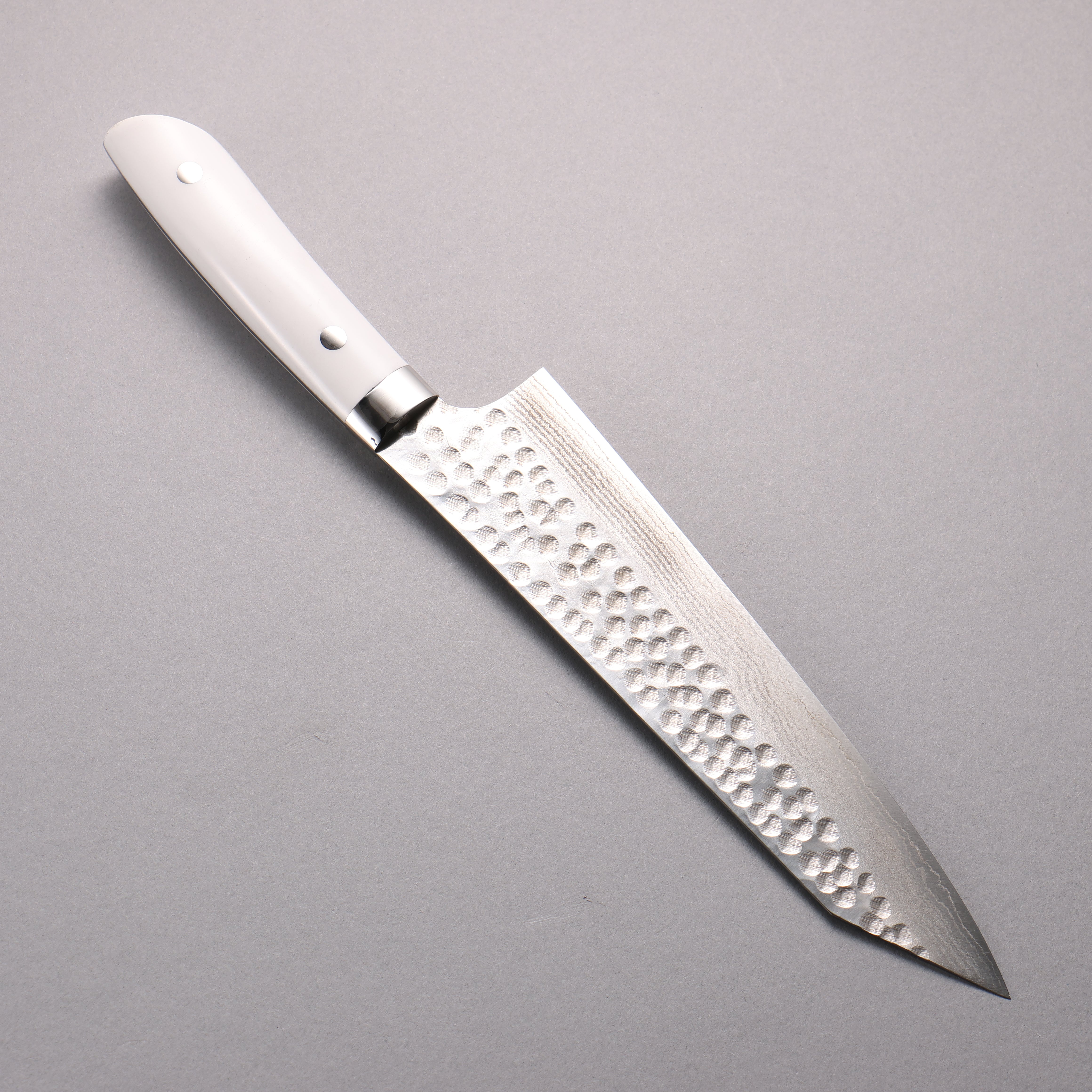 Takeshi Saji SRS13 Damascus Hammered(Maru) Kiritsuke Gyuto 210mm White Corian Handle - Seisuke Knife