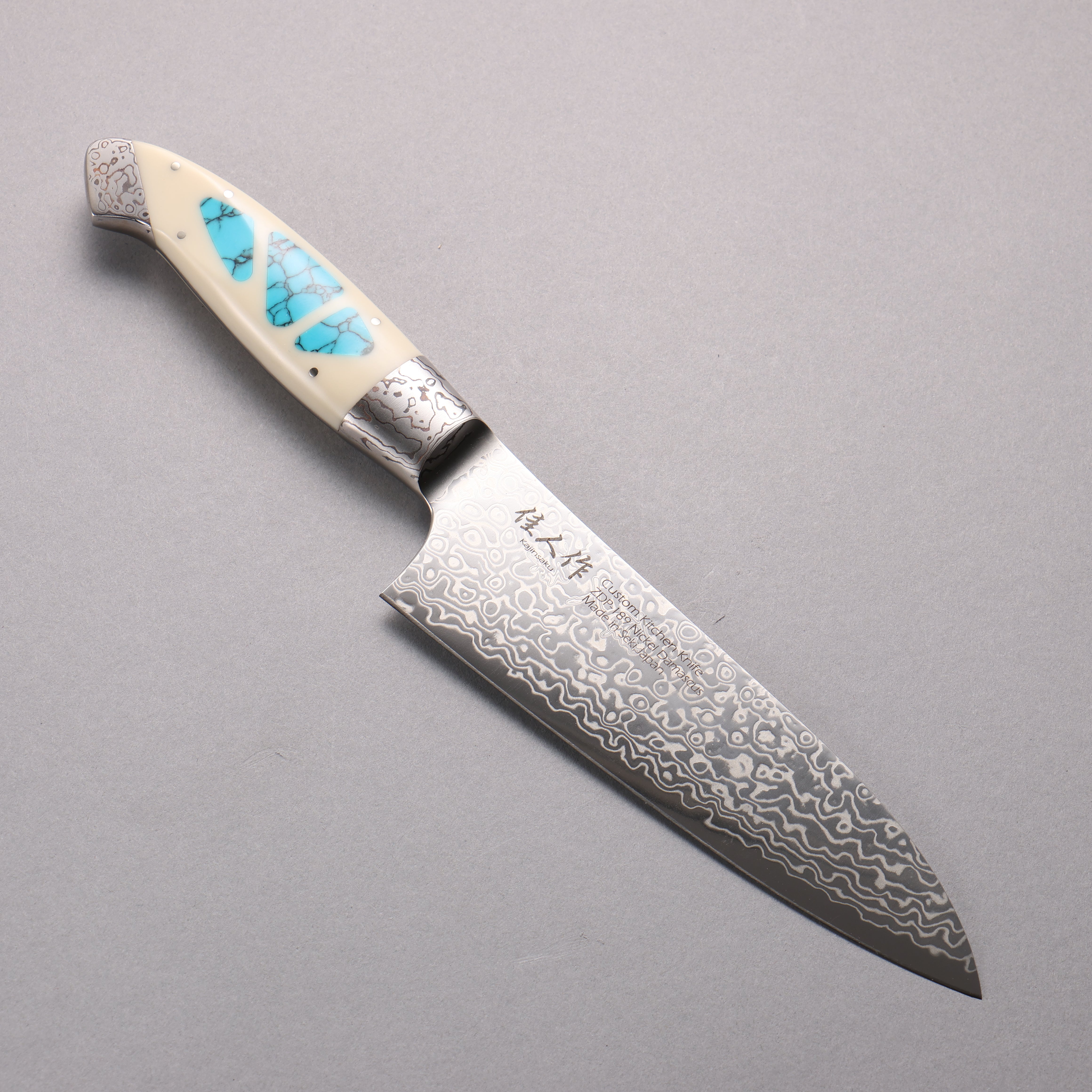 Kajin ZDP189 Damascus Migaki Finished Santoku 165mm Corian with Turquoise Inlay Handle - Seisuke Knife