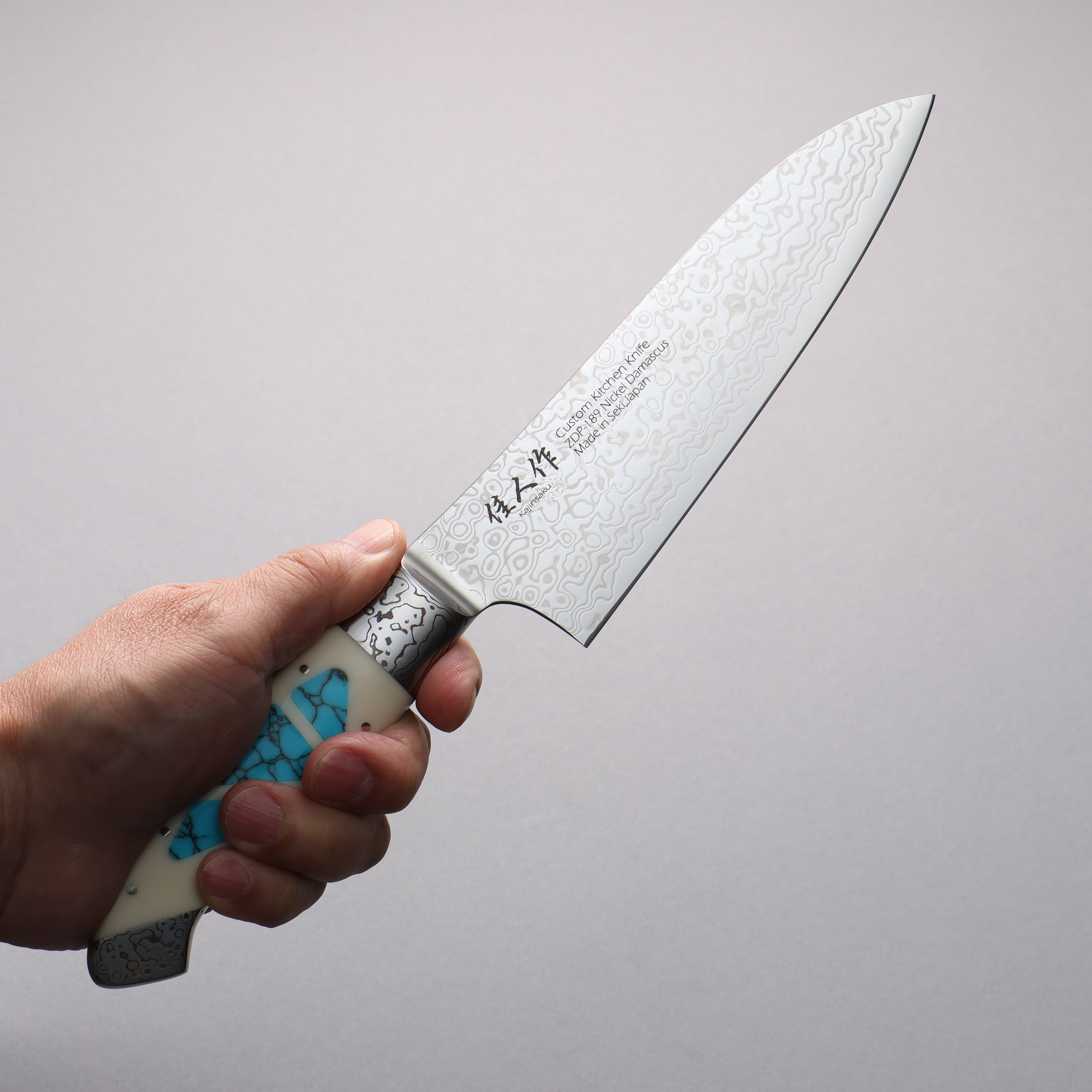 Kajin ZDP189 Damascus Migaki Finished Santoku 165mm Corian with Turquoise Inlay Handle - Seisuke Knife