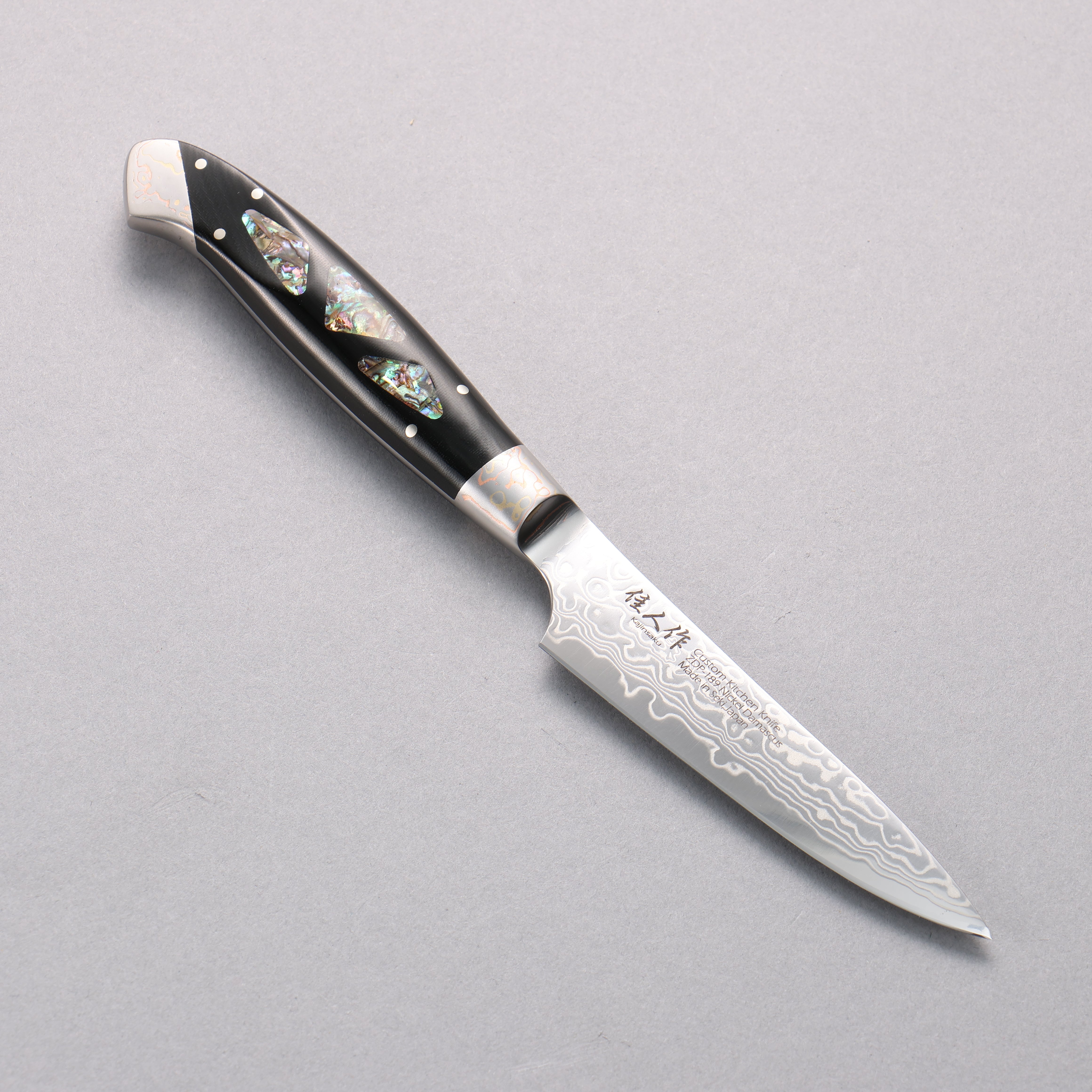 Kajin ZDP189 Damascus Migaki Petty-Utility 95mm Abalone Inlay Handle - Seisuke Knife