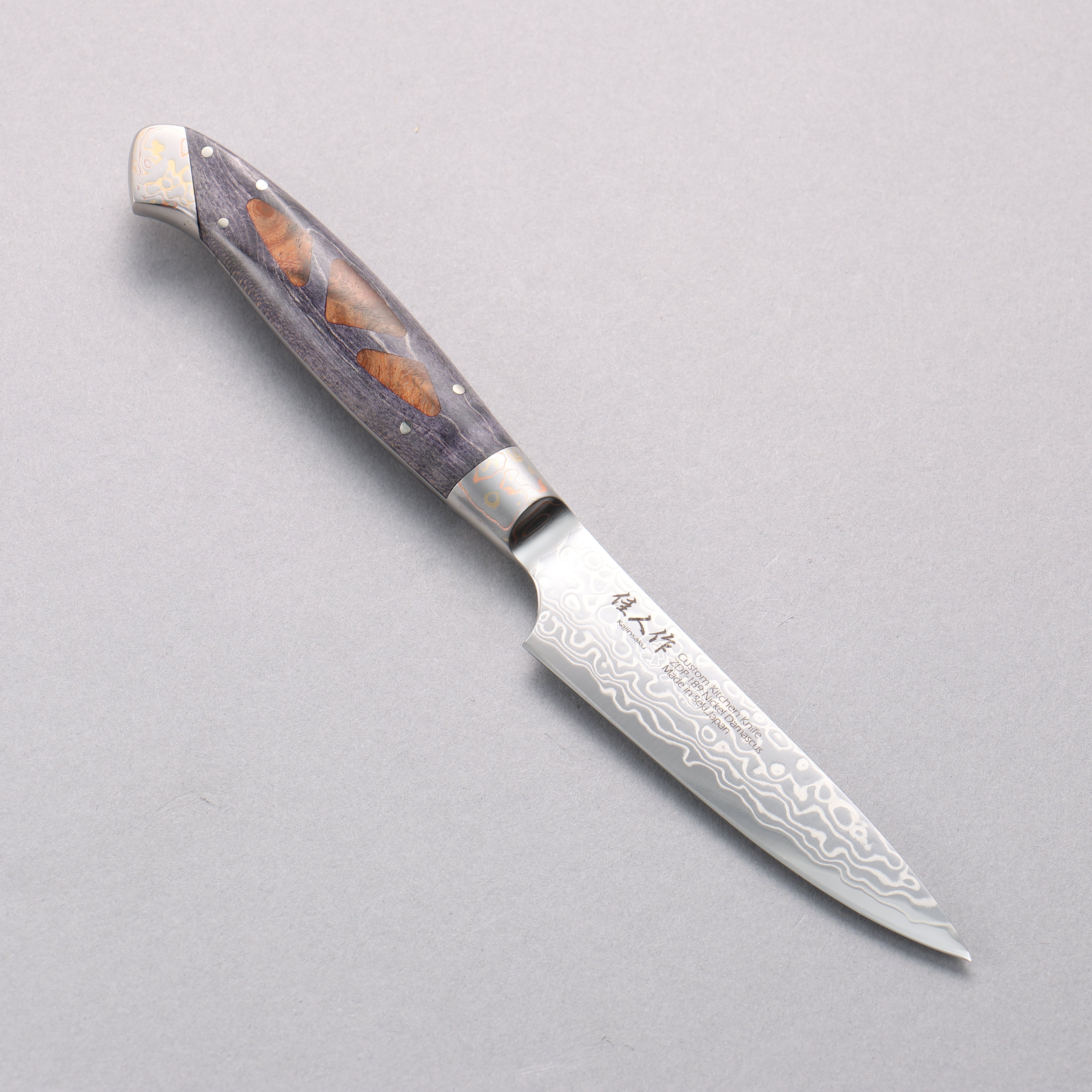 Kajin ZDP189 Damascus Migaki Petty-Utility 95mm Complite Inlay & Chinese Quince Burl Handle - Seisuke Knife