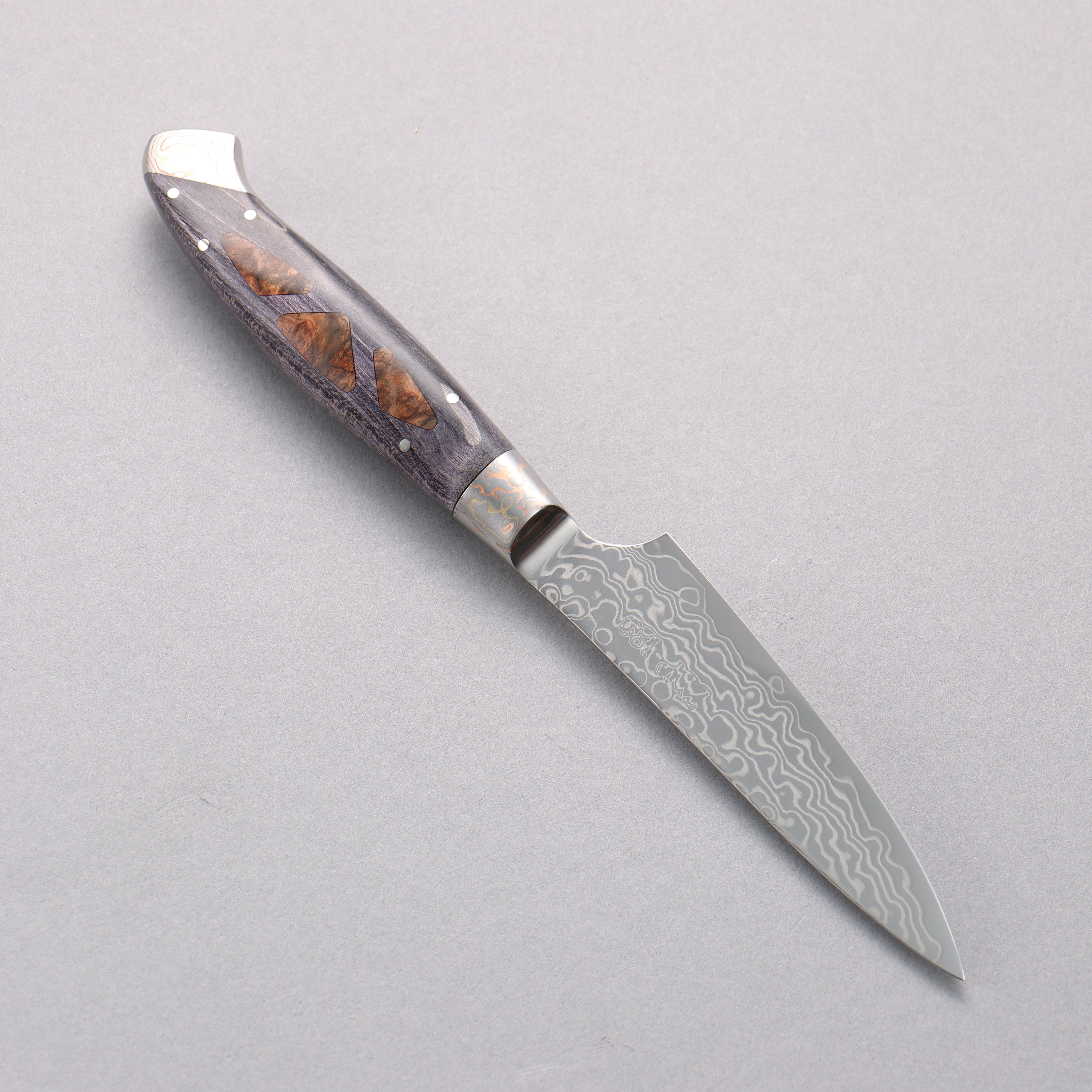 Kajin ZDP189 Damascus Migaki Petty-Utility 95mm Complite Inlay & Chinese Quince Burl Handle - Seisuke Knife