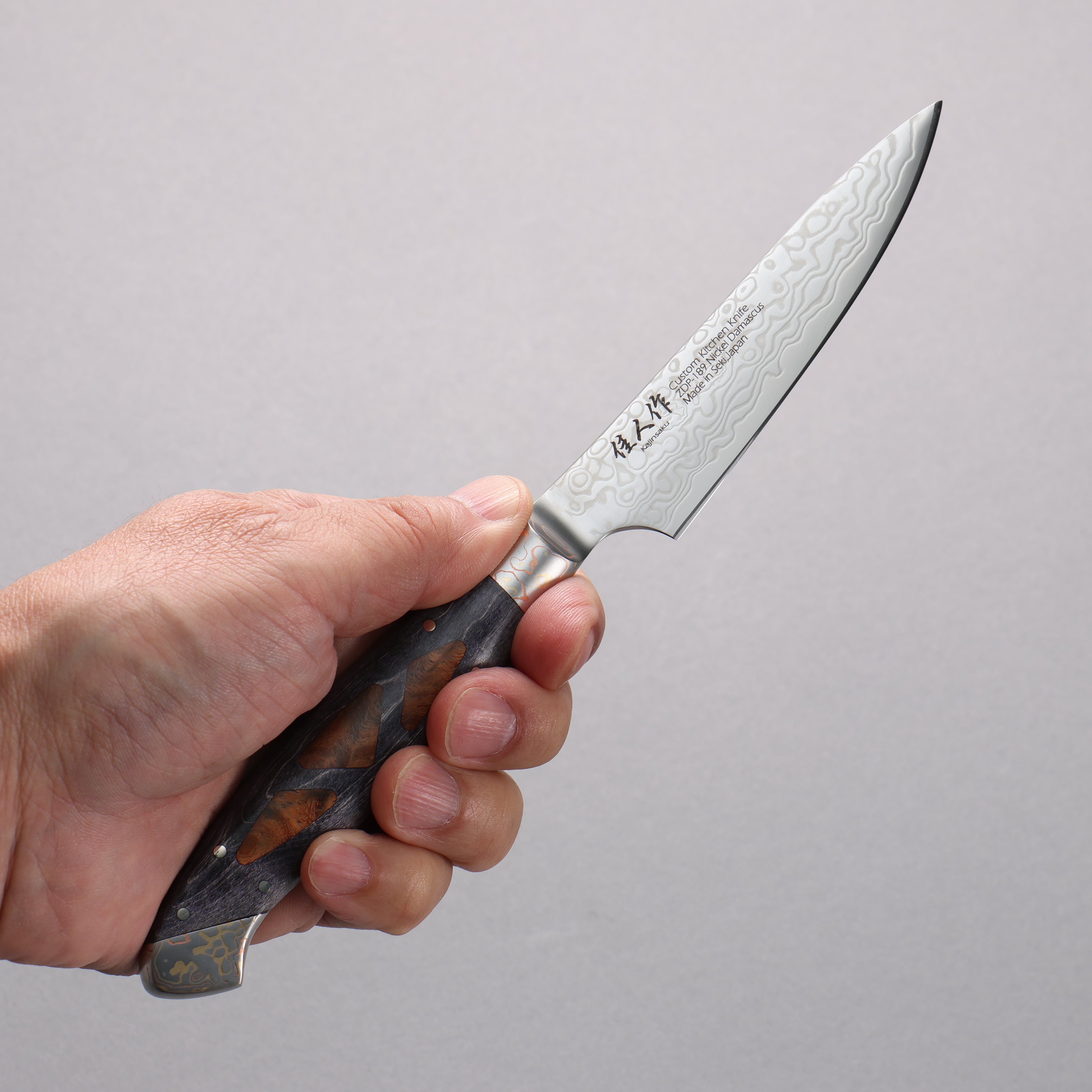 Kajin ZDP189 Damascus Migaki Petty-Utility 95mm Complite Inlay & Chinese Quince Burl Handle - Seisuke Knife