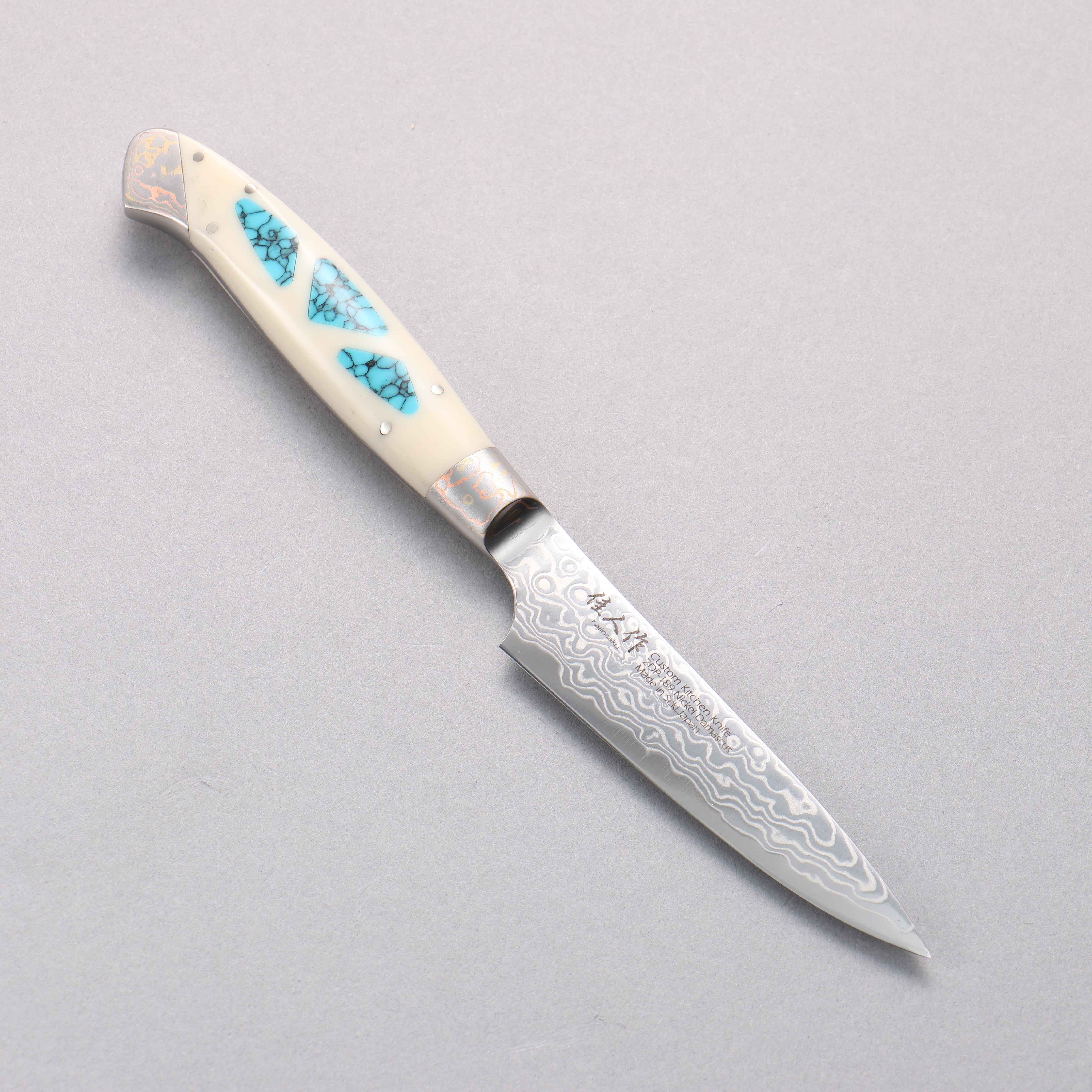 Kajin ZDP189 Damascus Migaki Finished Petty-Utility 95mm Corian with Turquoise Inlay Handle - Seisuke Knife